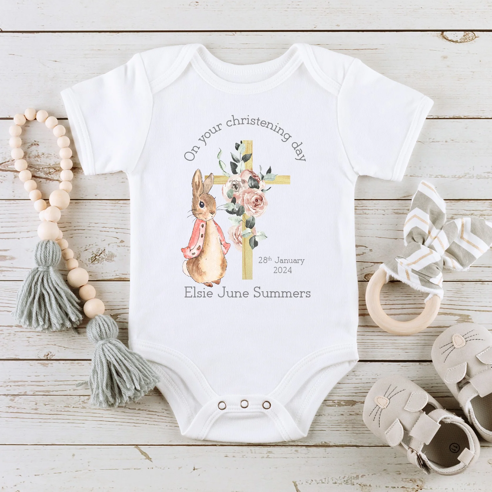 Personalised Pink Rabbit Christening Babygrow/Vest