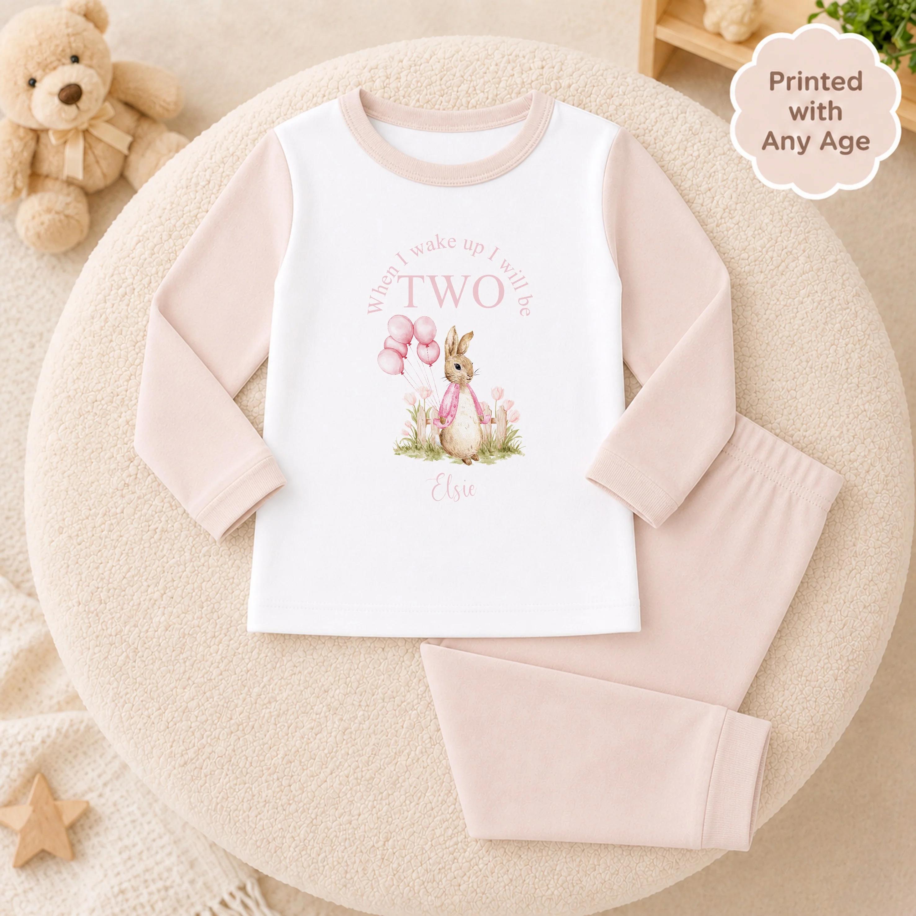 Personalised Pink Rabbit Garden Any Age Birthday Pyjamas