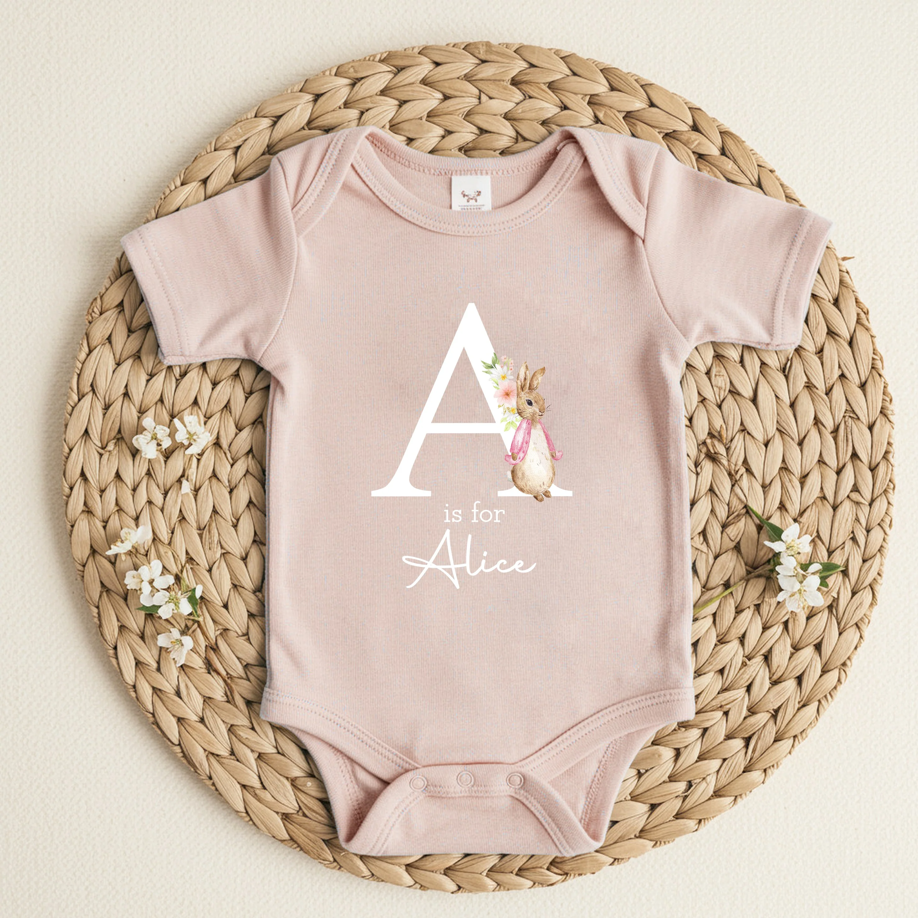 Personalised Pink Rabbit Initial Babygrow/Romper - Image 3