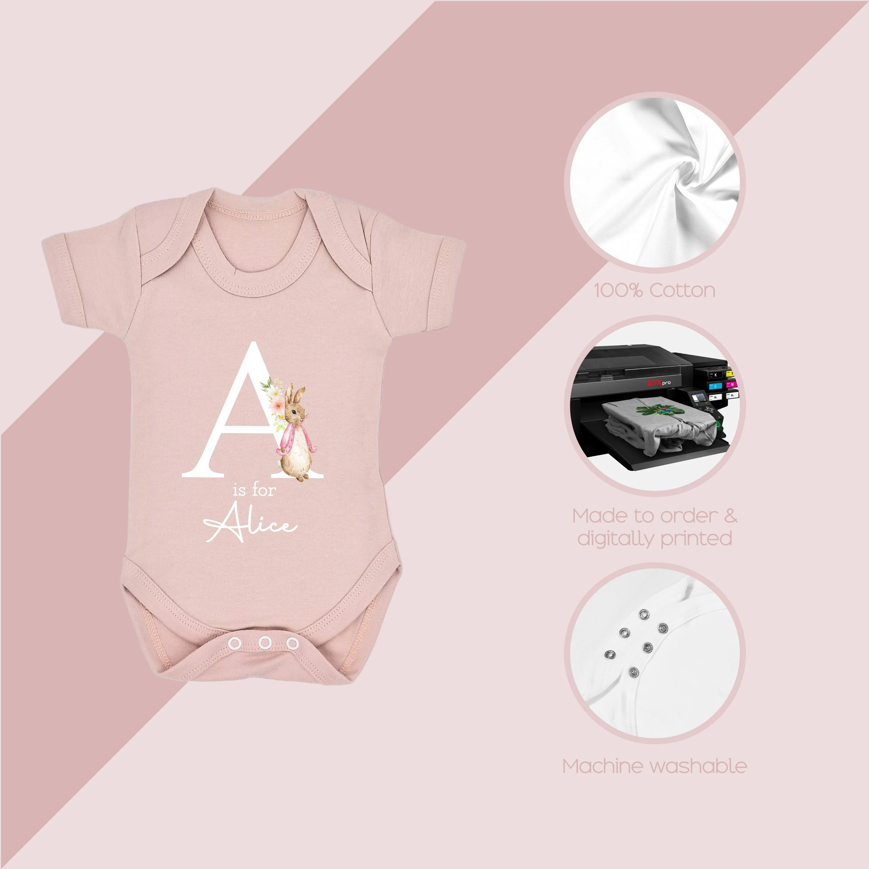 Personalised Pink Rabbit Initial Babygrow/Romper - Image 5