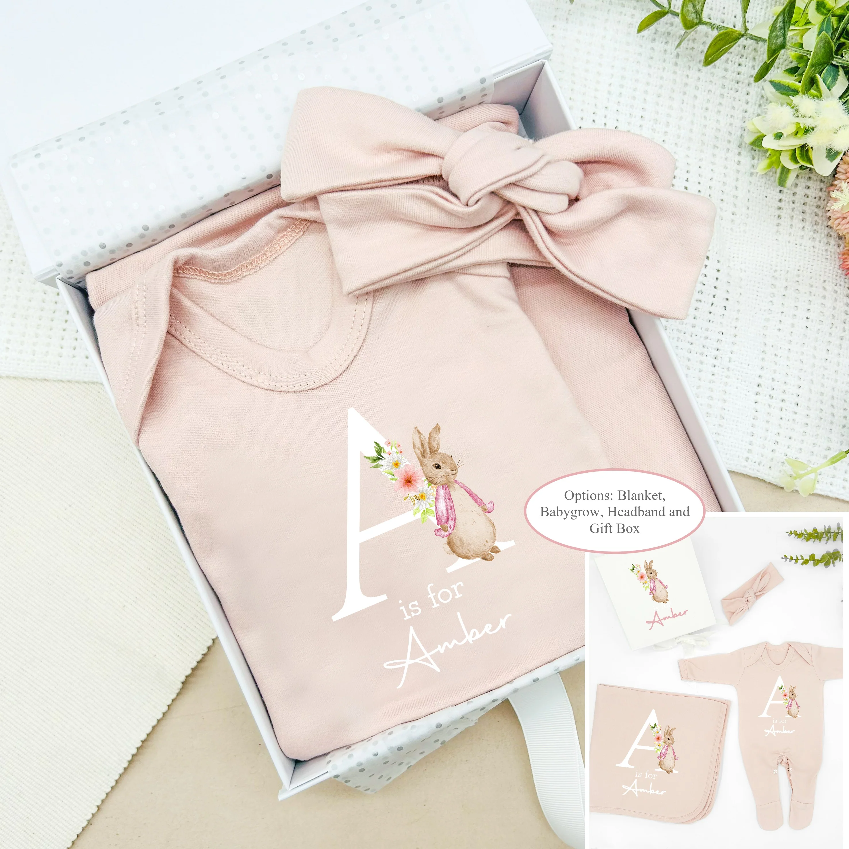 Personalised Pink Rabbit Initial Hamper Clothing Gift Set