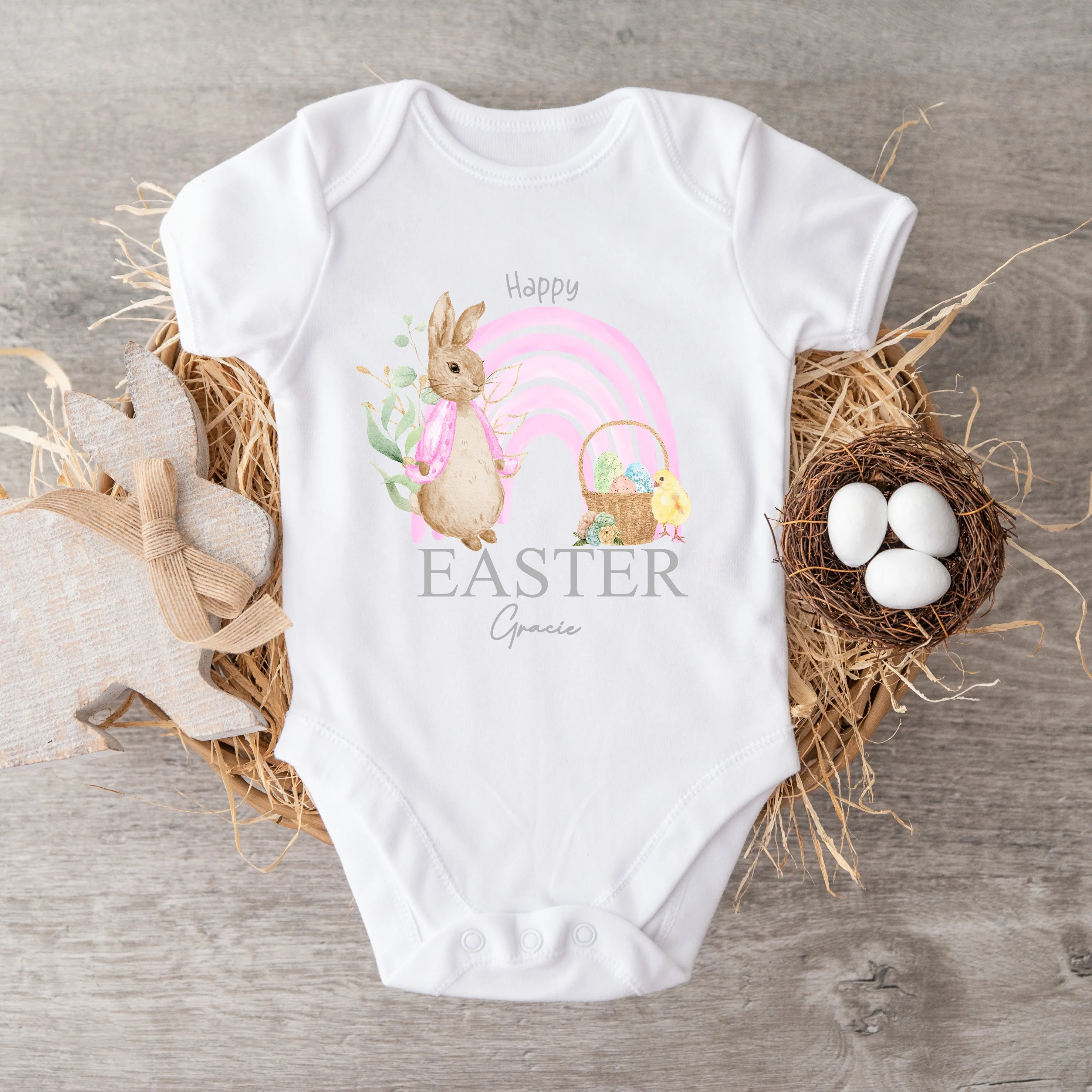 Personalised Pink Rabbit Rainbow My First Easter Baby Grow, Vest or Bib - Image 3