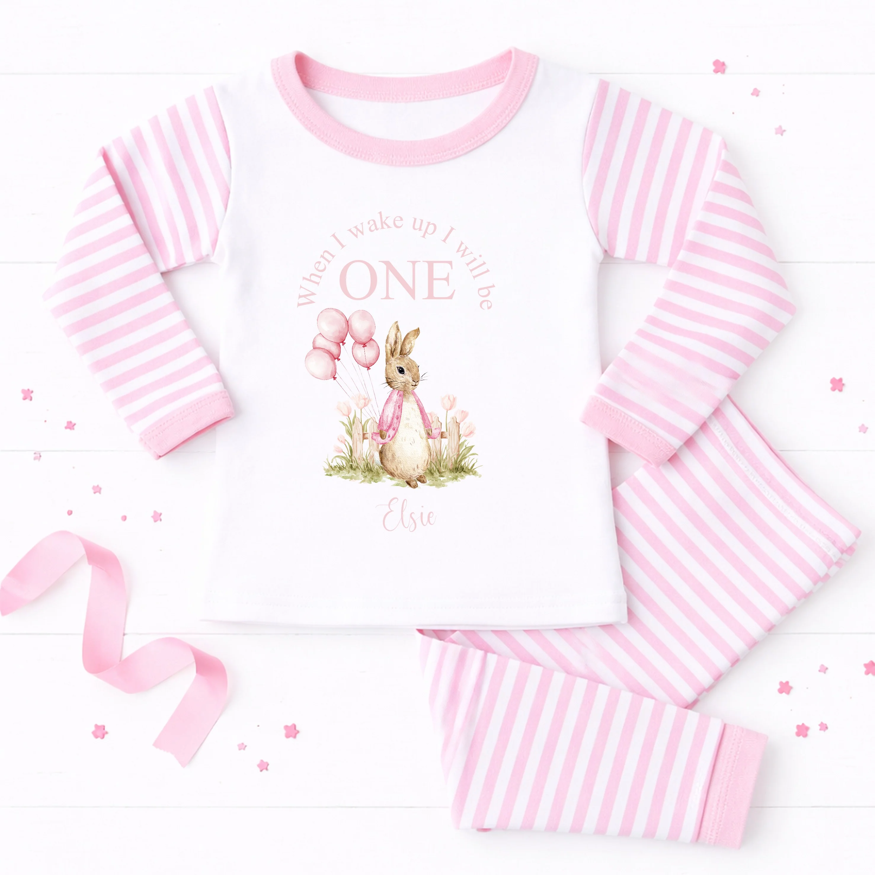 Personalised Pink Rabbit When I Wake Up I Will Be One First Birthday Pyjamas - Image 3