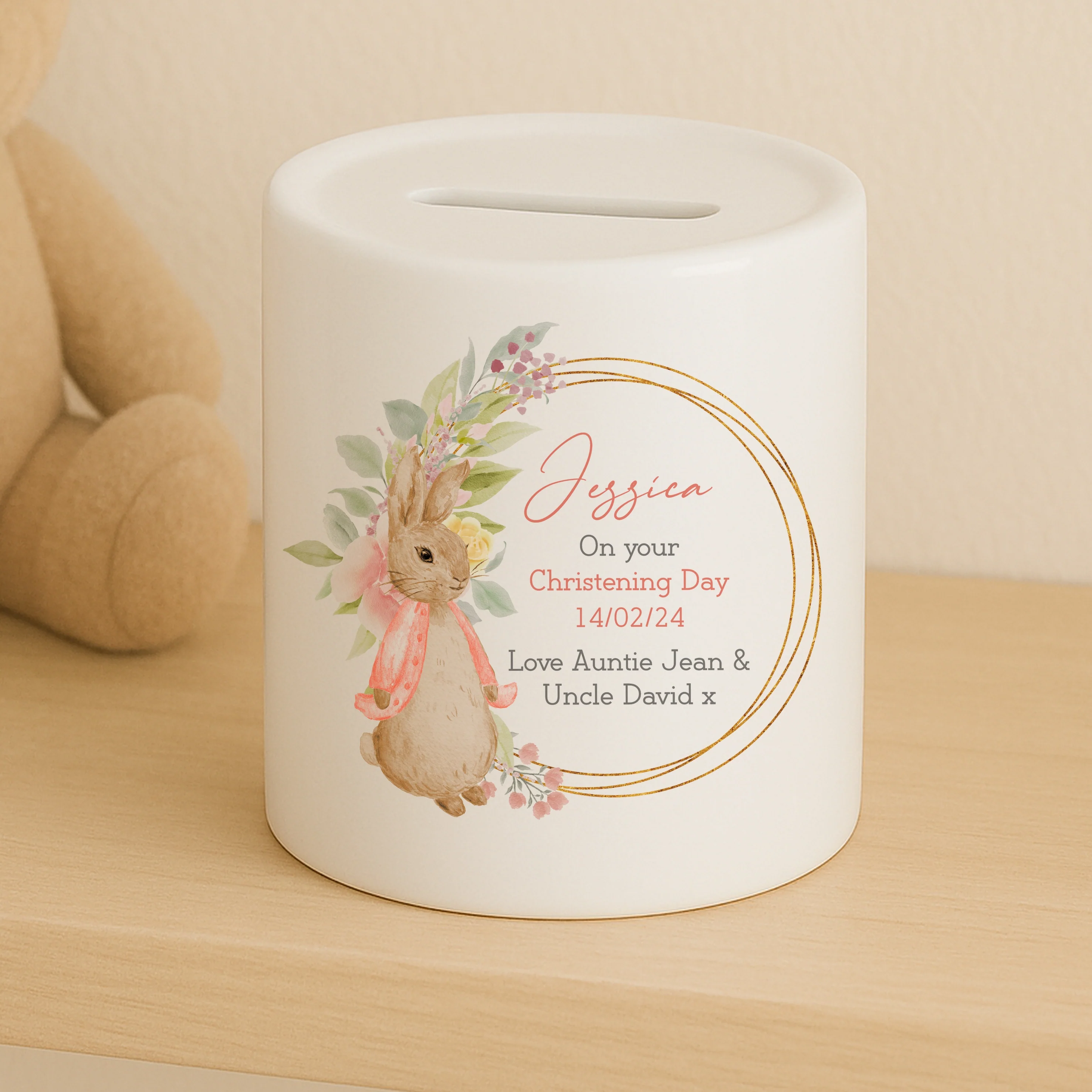 Personalised Pink Rabbit Wreath Christening Day Ceramic Money Box