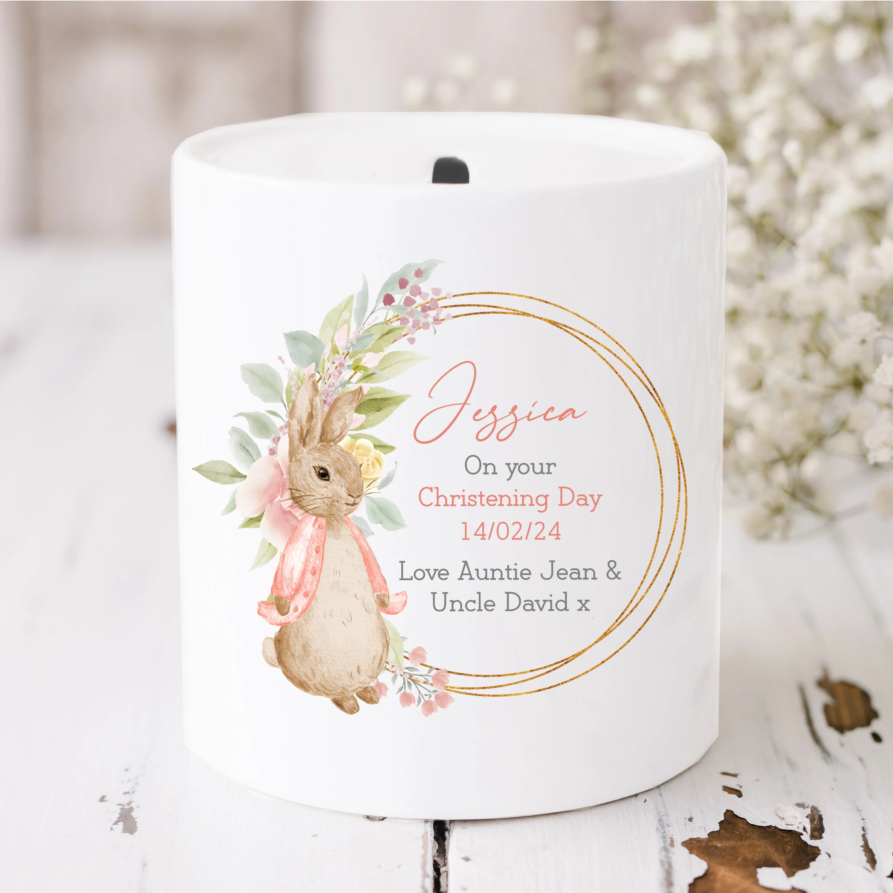 Personalised Pink Rabbit Wreath Christening Day Ceramic Money Box - Image 2