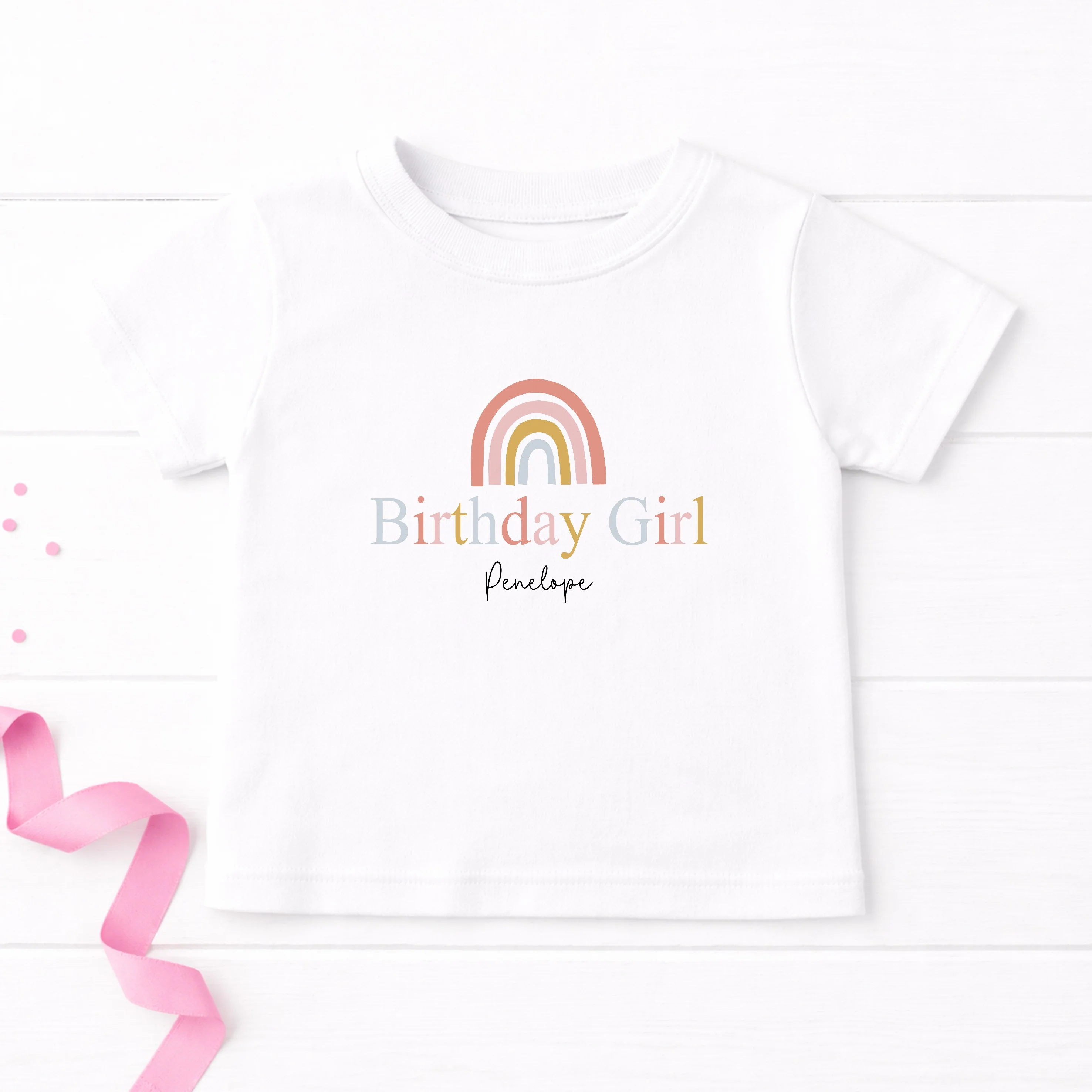 Personalised Pink Rainbow Birthday Girl T-shirt