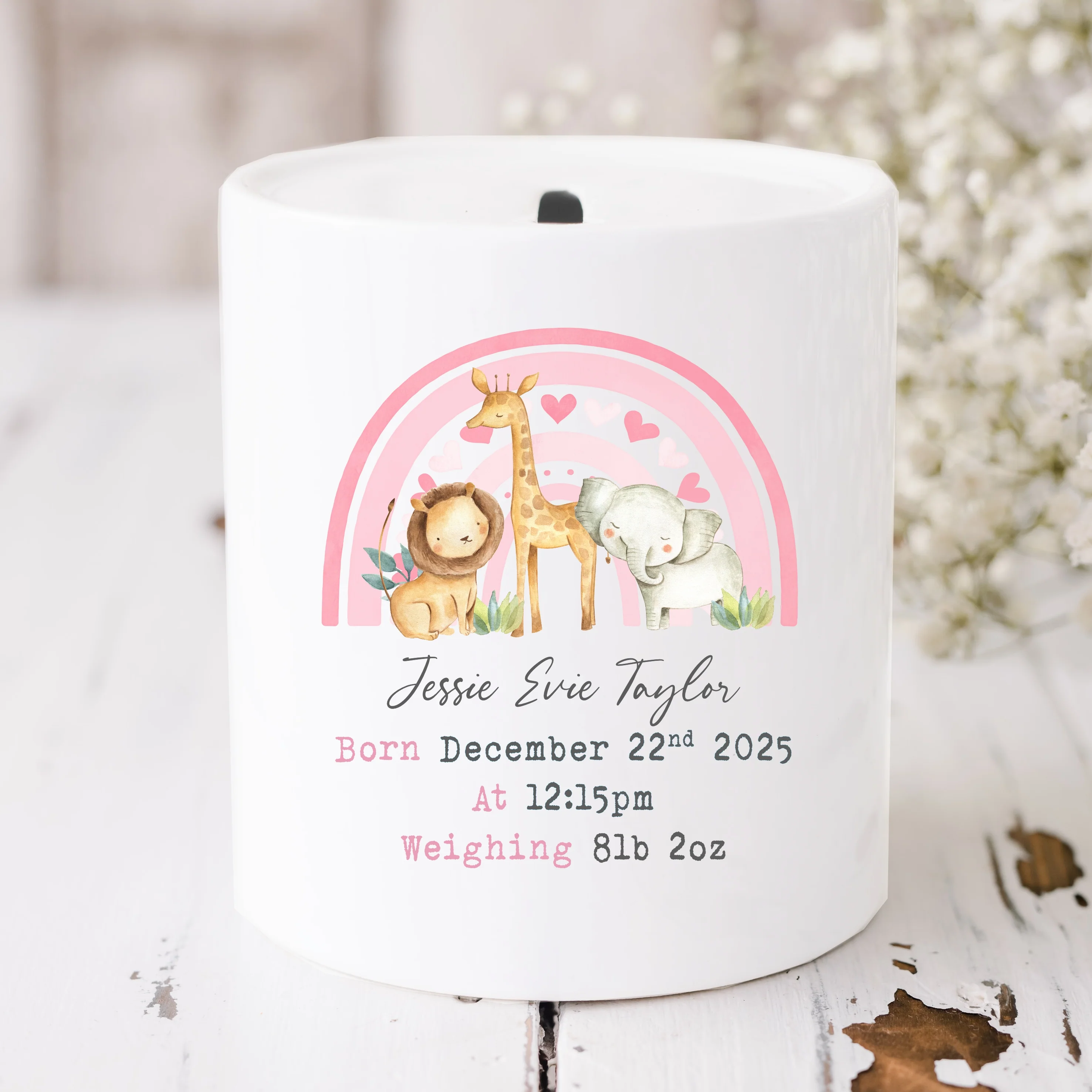 Personalised Pink Rainbow Safari Ceramic Money Box - Image 2