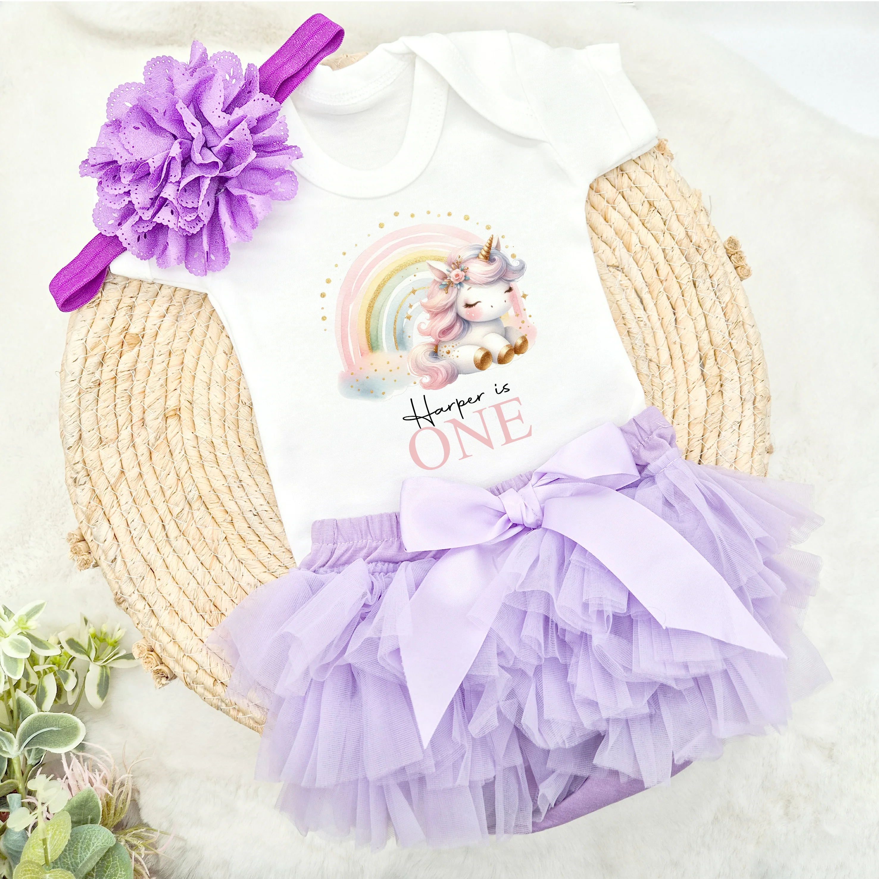 Personalised Pink Rainbow Unicorn First Birthday Vest and Tutu Set - Image 3