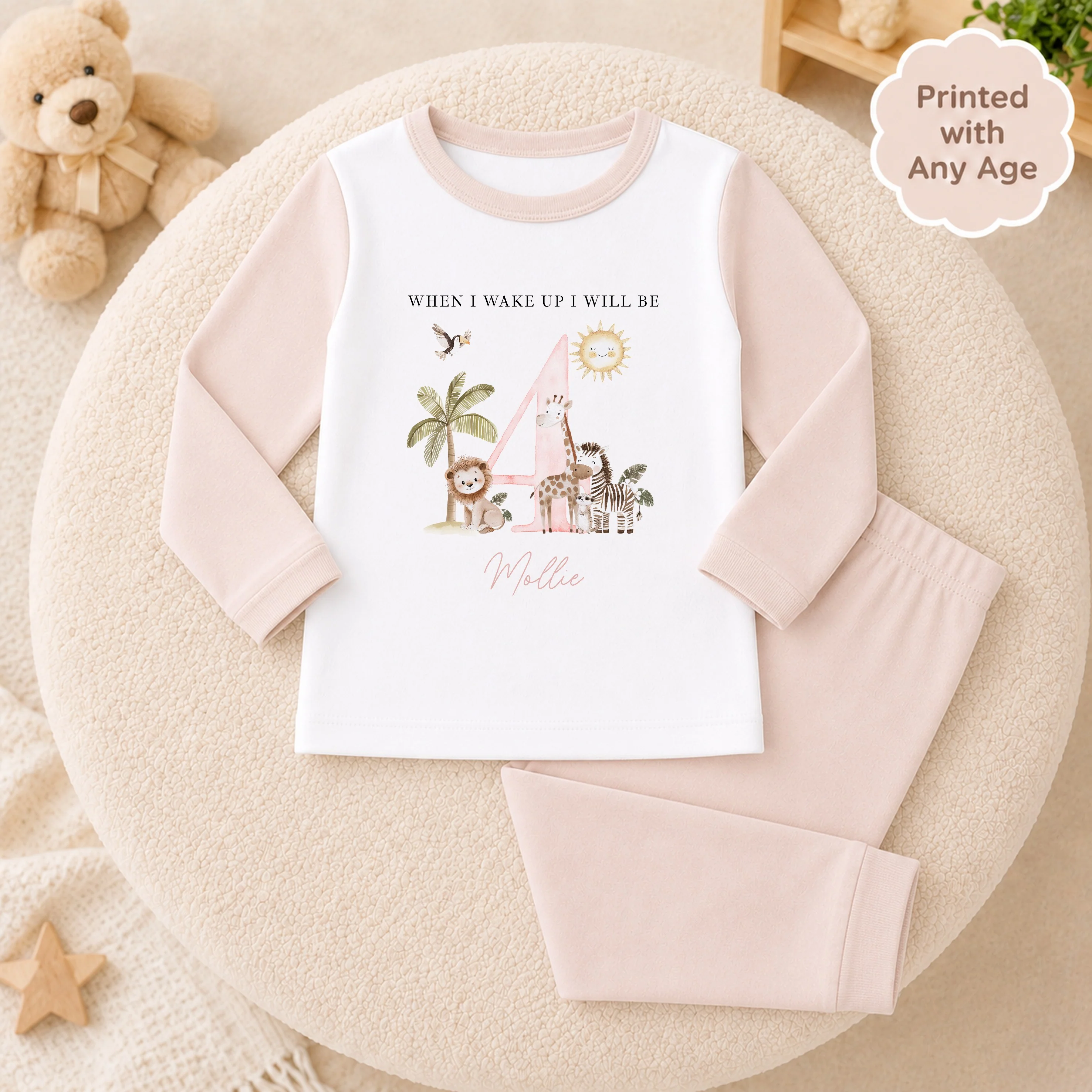 Personalised Pink Safari Any Age Birthday Pyjamas