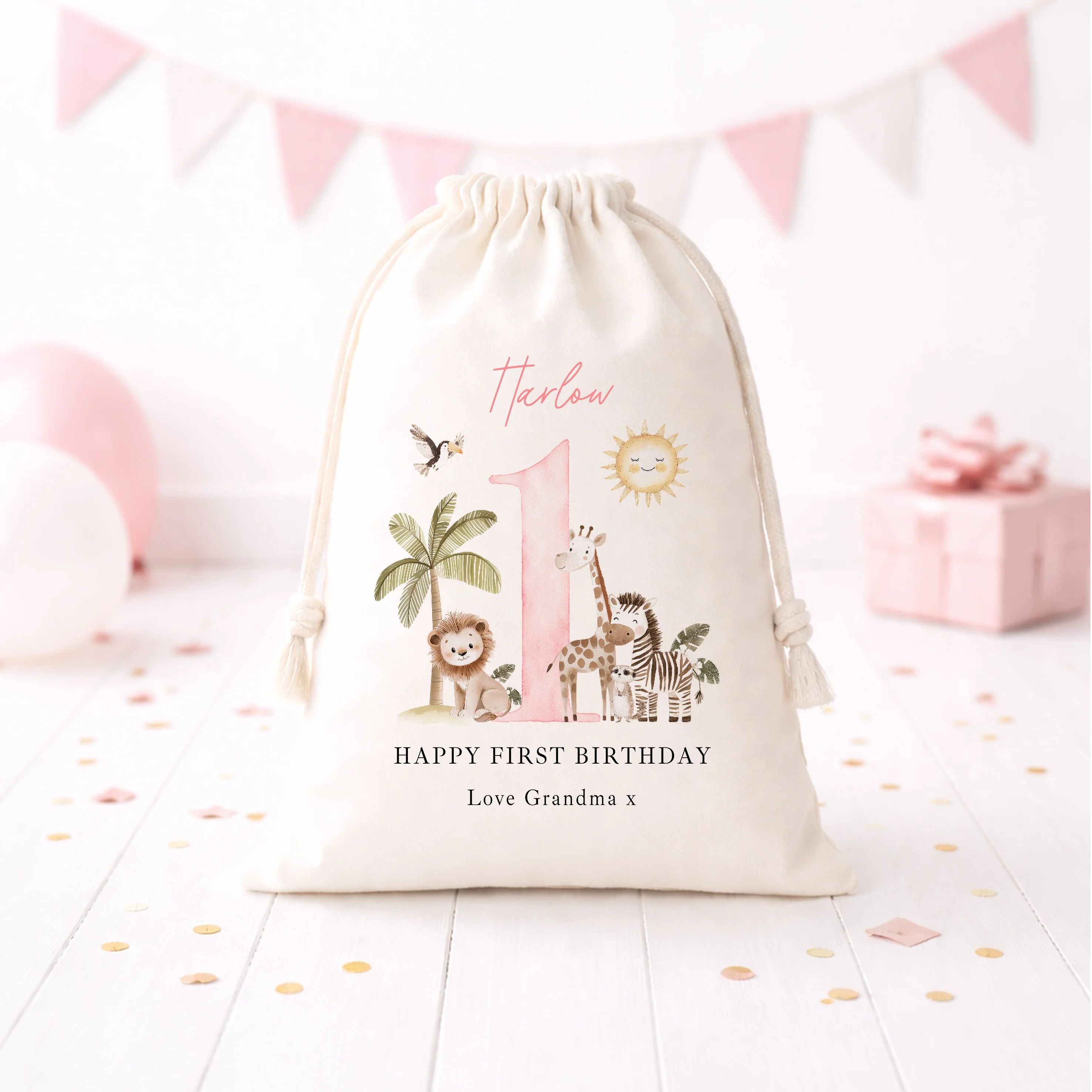 Personalised Pink Safari Birthday Gift Sack - Image 3