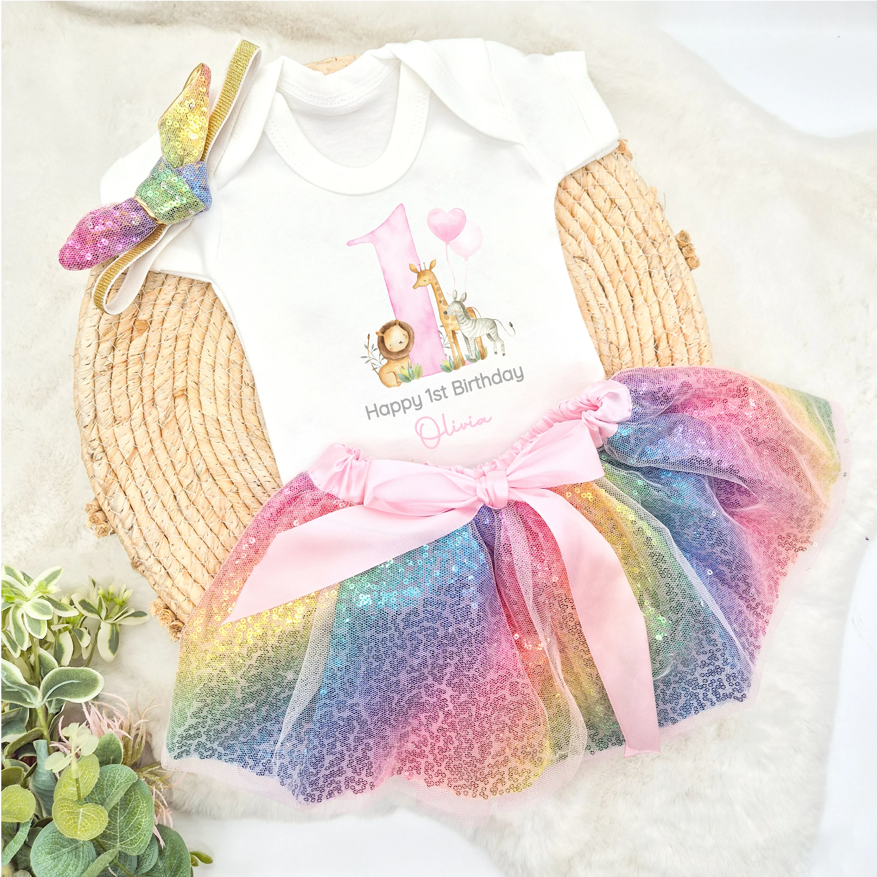 Personalised Pink Safari First Birthday Vest and Tutu Set - Image 3