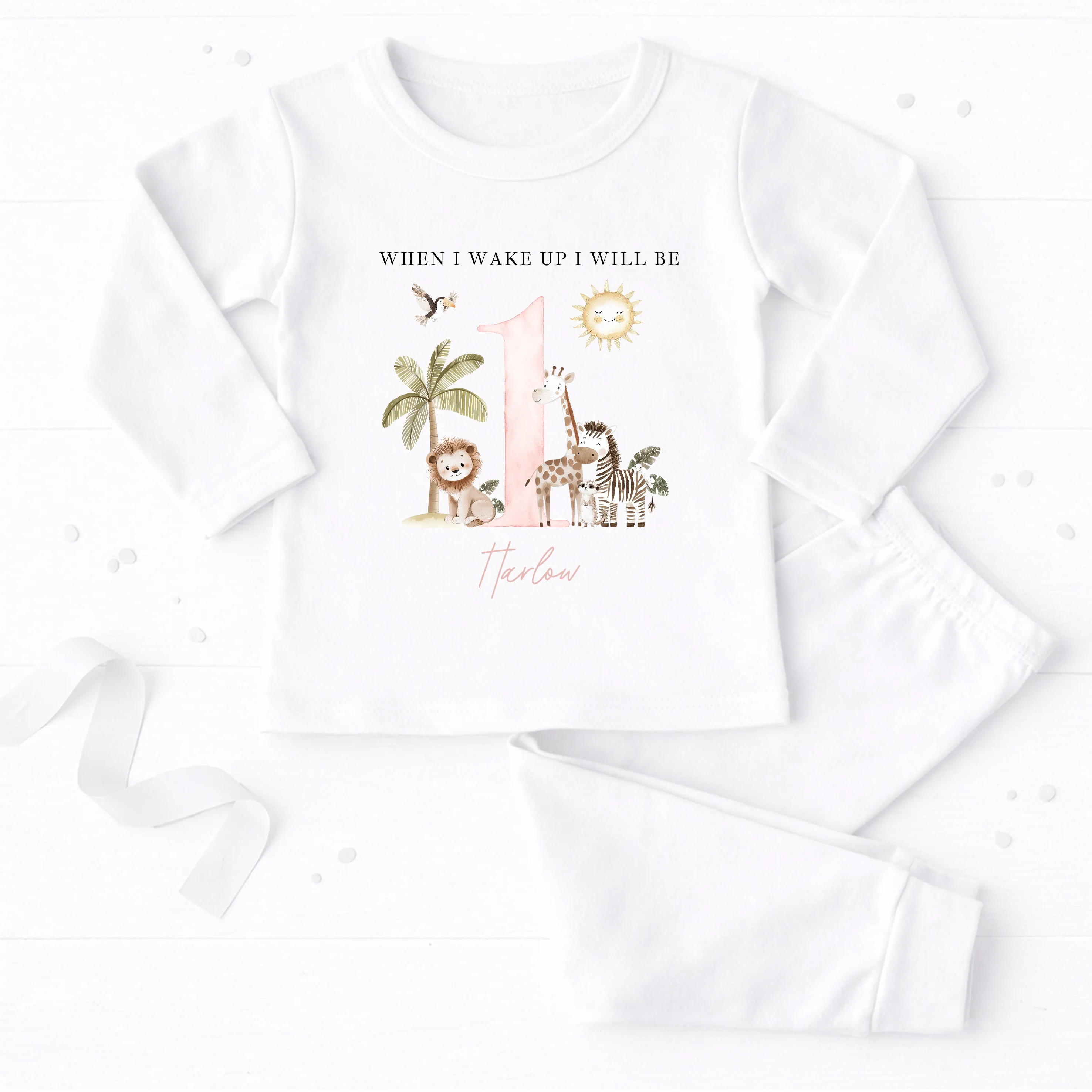 Personalised Pink Safari When I Wake Up I Will Be One First Birthday Pyjamas - Image 4