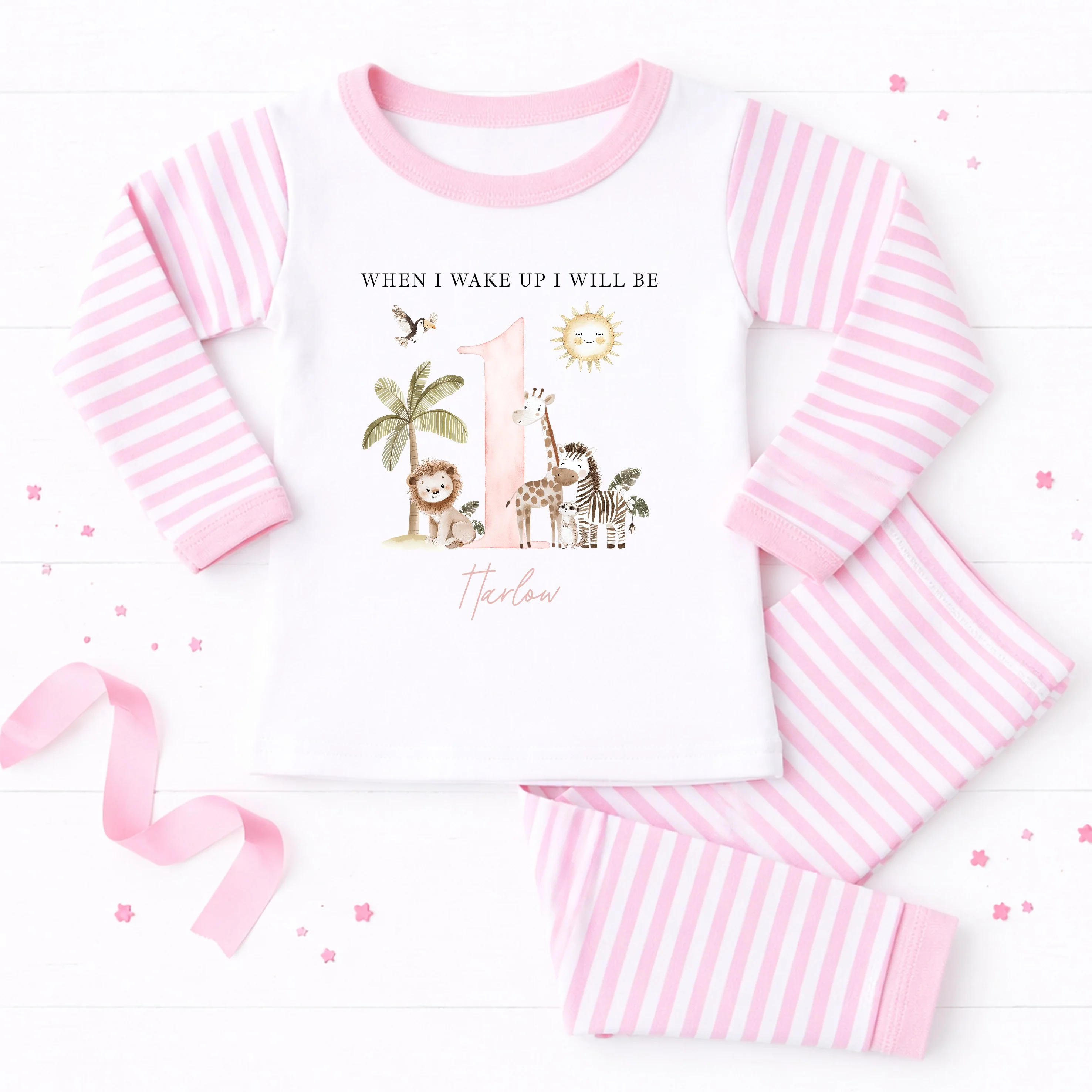 Personalised Pink Safari When I Wake Up I Will Be One First Birthday Pyjamas - Image 6