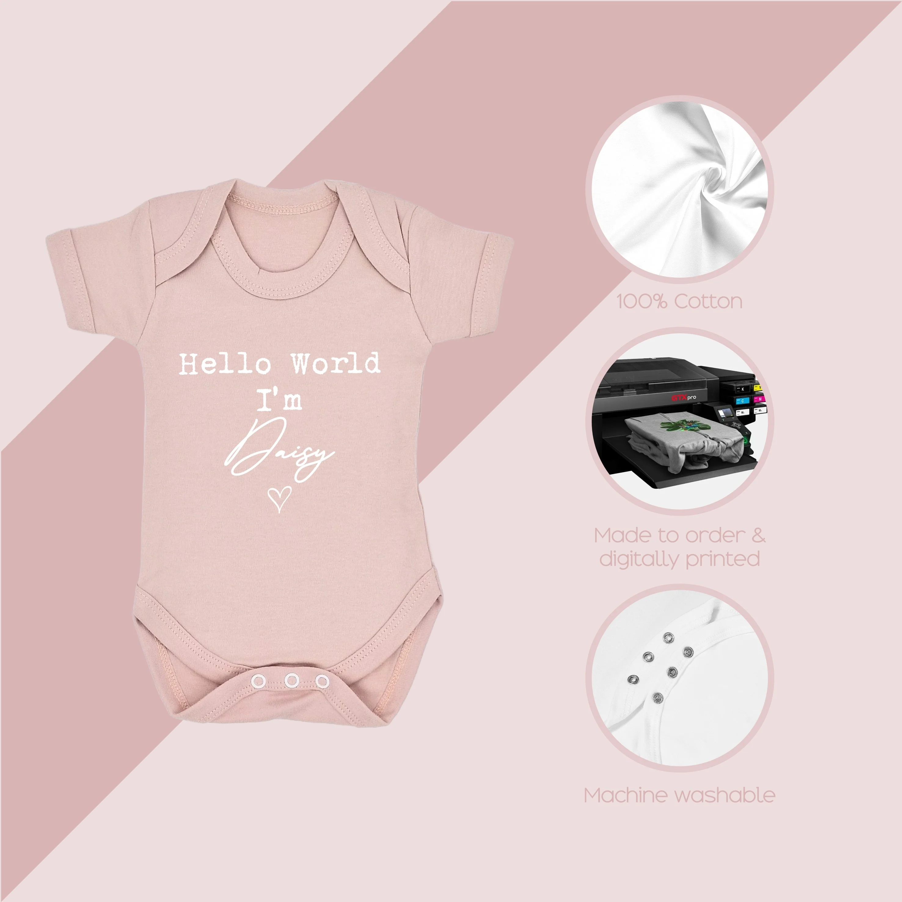 Personalised Pink Script Hello World Babygrow With Optional Matching Accessories - Image 4
