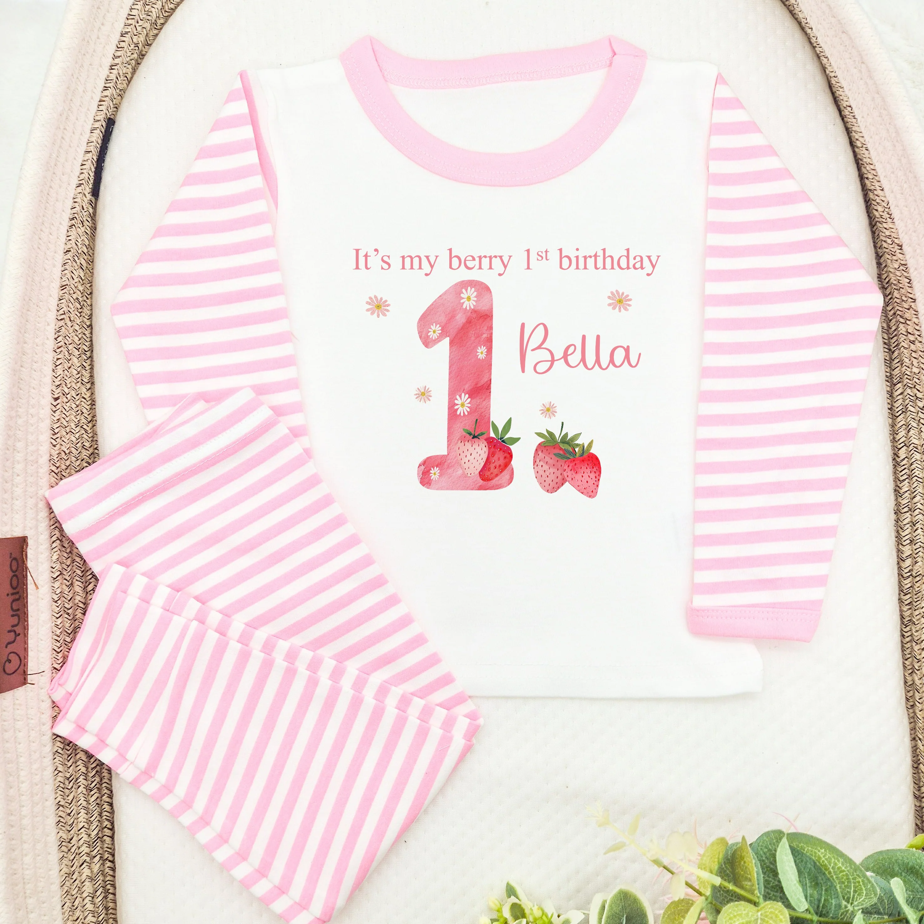 Personalised Pink Strawberries It's My Berry 1st Birthday Pyjamas - Image 3
