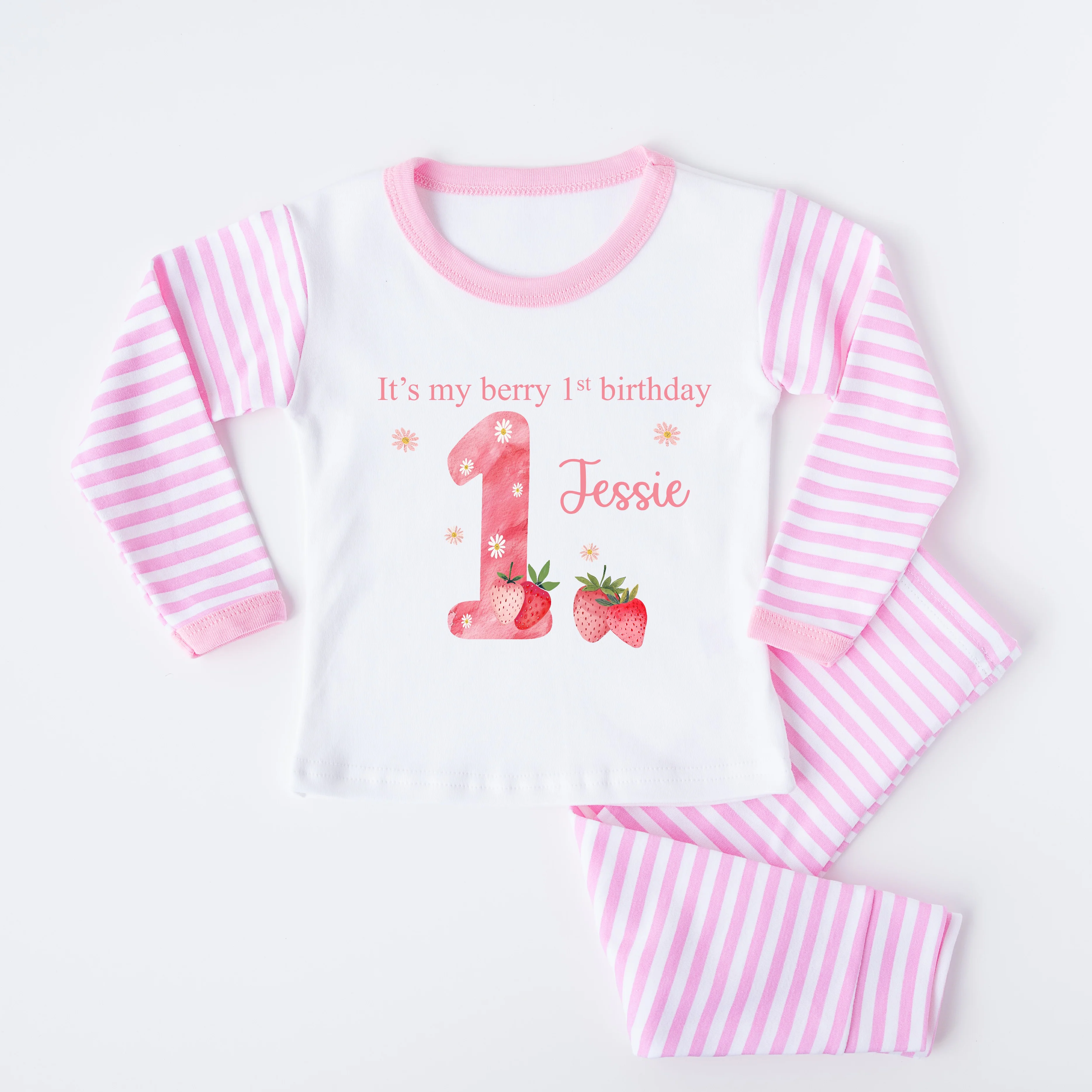 Personalised Pink Strawberries It's My Berry 1st Birthday Pyjamas - Image 4