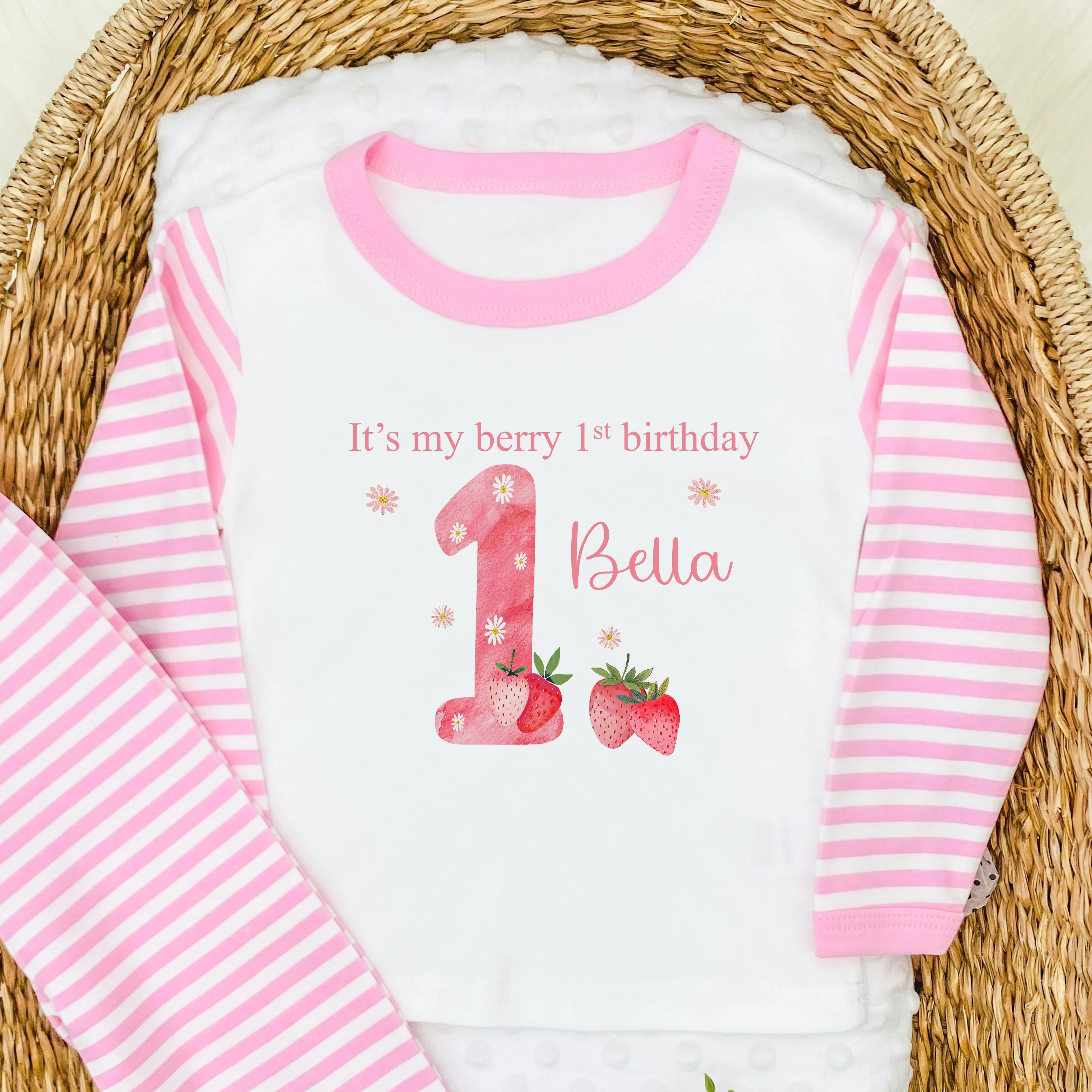 Personalised Pink Strawberries It's My Berry 1st Birthday Pyjamas - Image 5