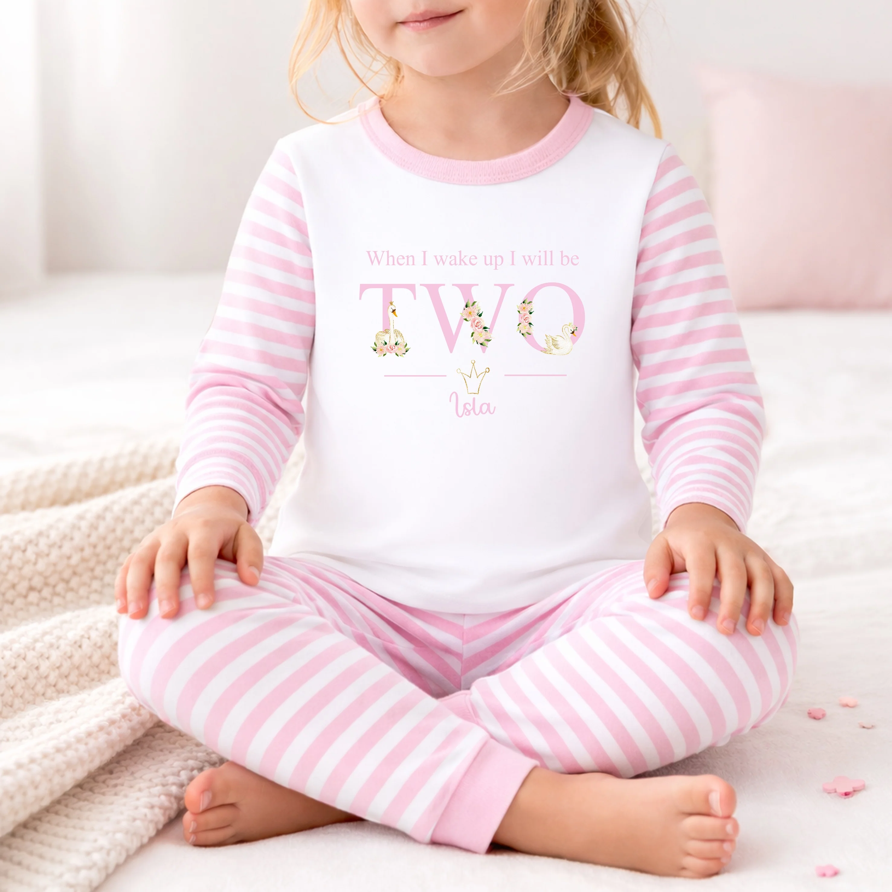 Personalised Pink Swan Any Age Birthday Pyjamas - Image 3