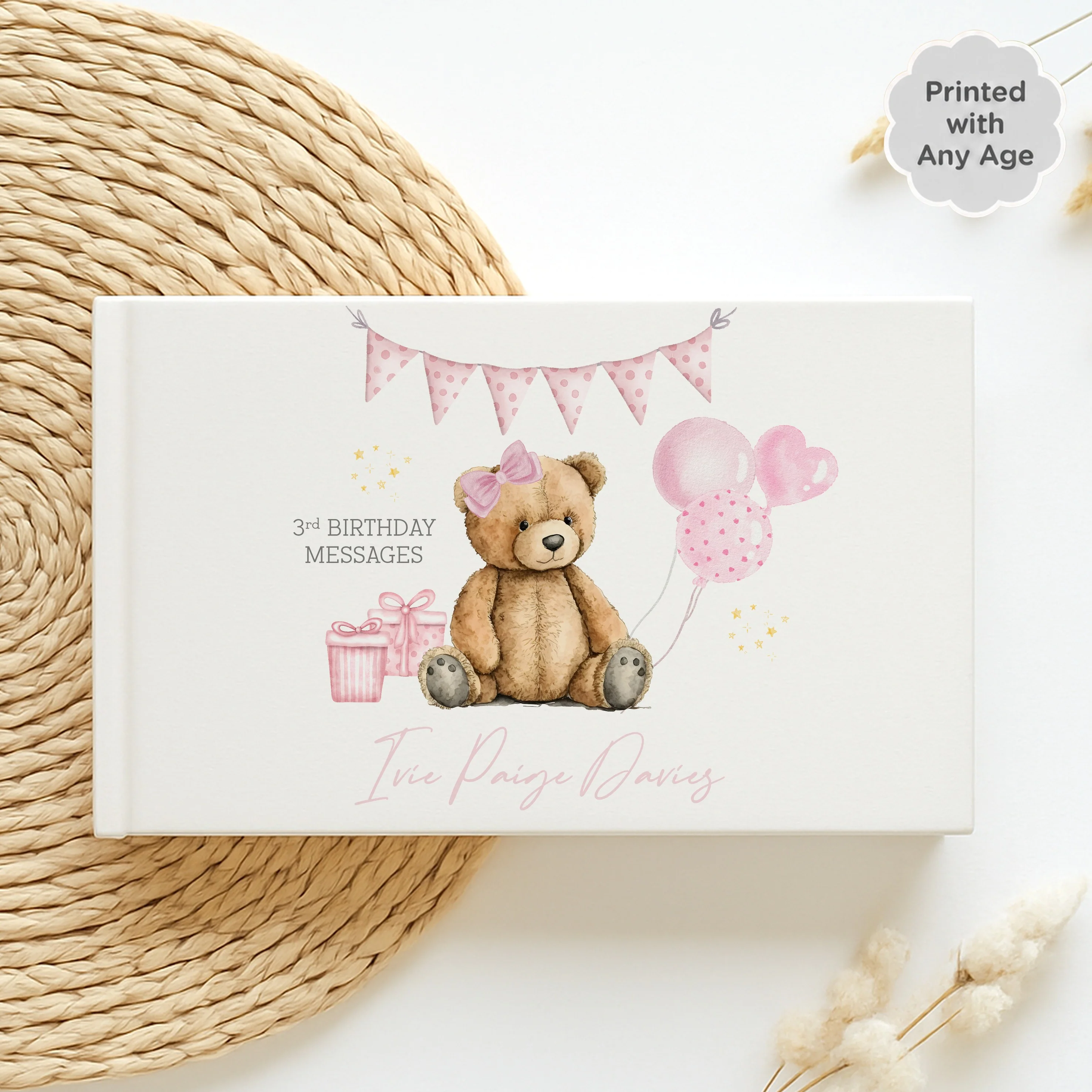 Personalised Pink Teddy Any Age Birthday Party Guest Book