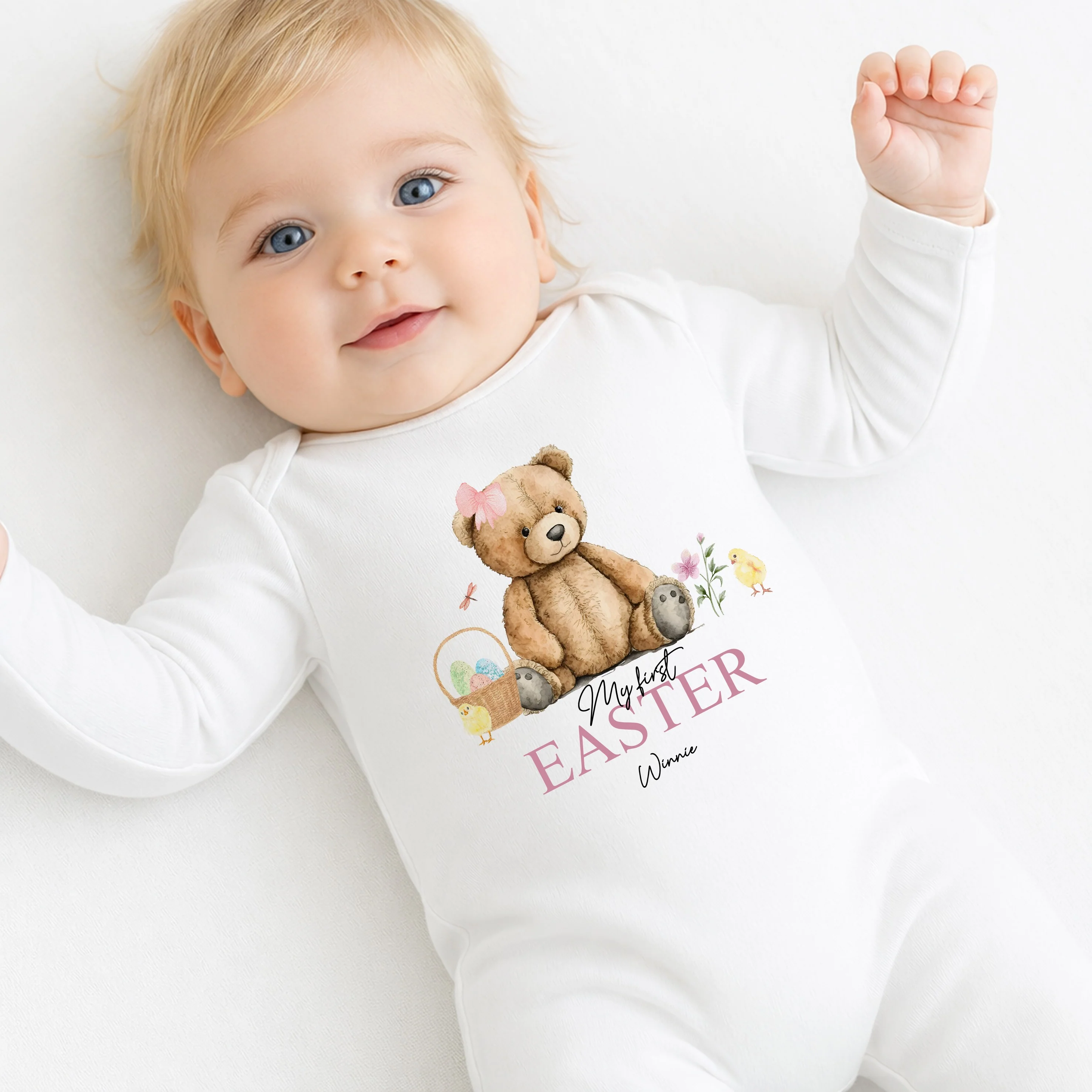 Personalised Pink Teddy Bear My First Easter Baby Grow, Vest or Bib - Image 7