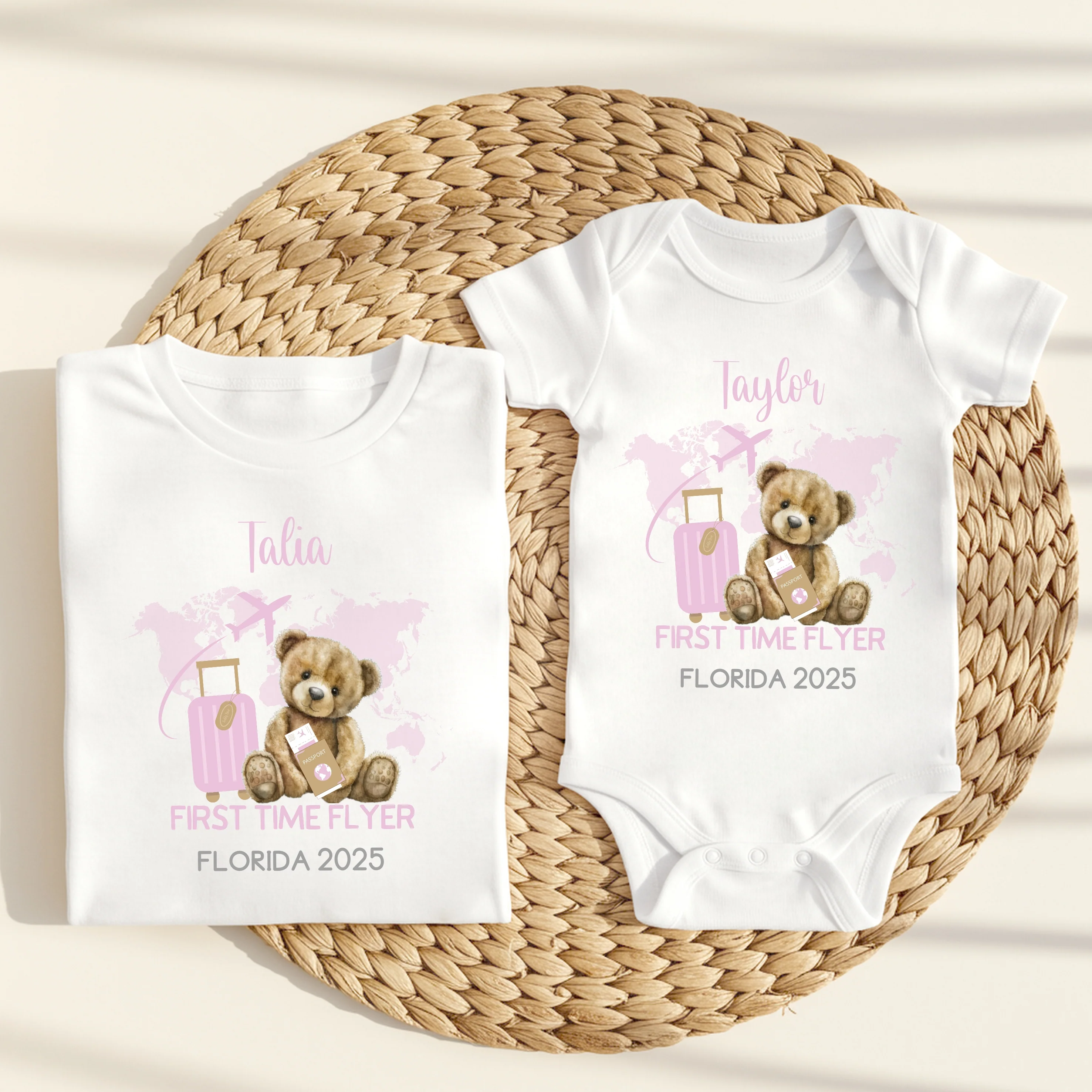 Personalised Pink Teddy First Time Flyer Baby Vest/T-shirt