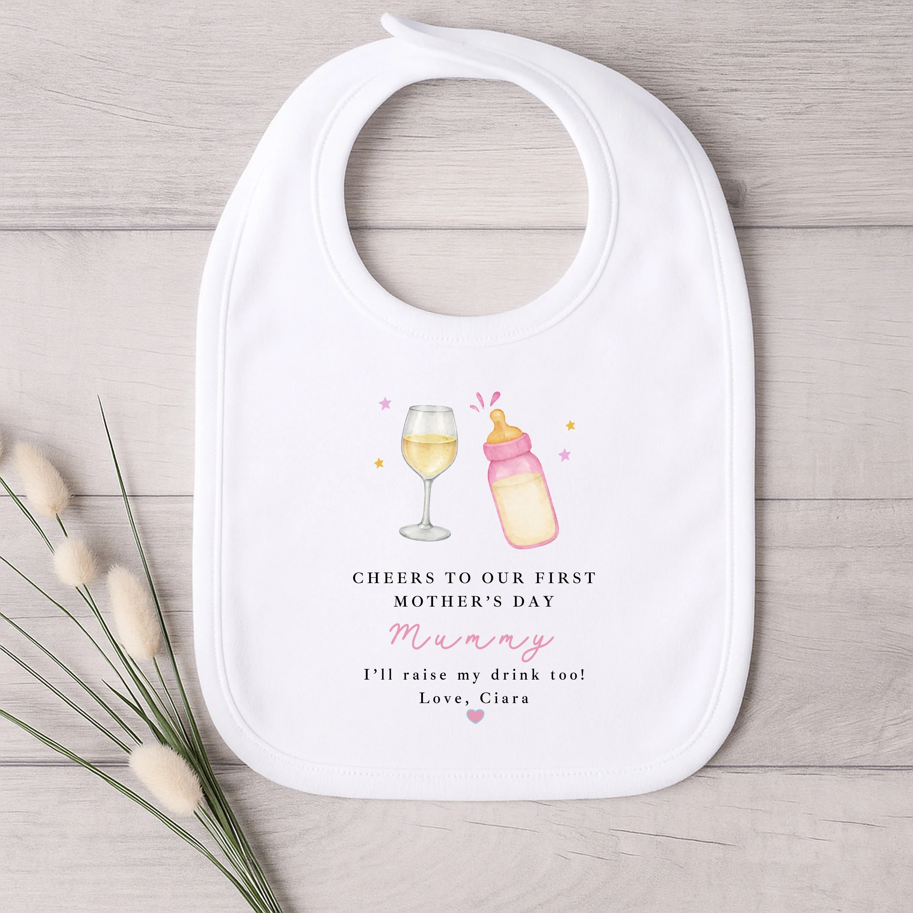 Personalised Pink Wine Cheers Our First Mother's Day Baby Grow, Vest or Bib - Image 3