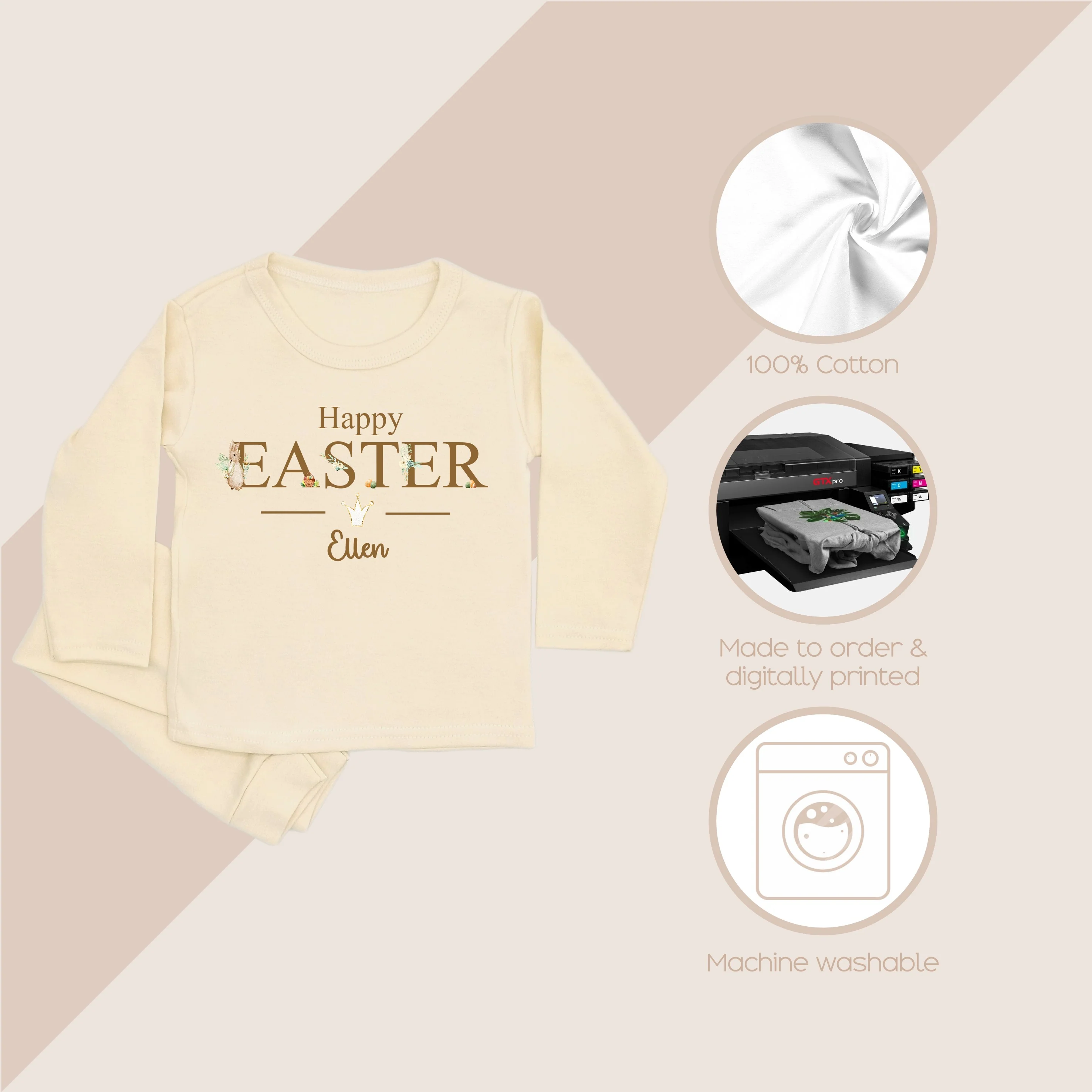 Personalised Plain Beige Bunny Happy Easter Pyjamas - Image 3