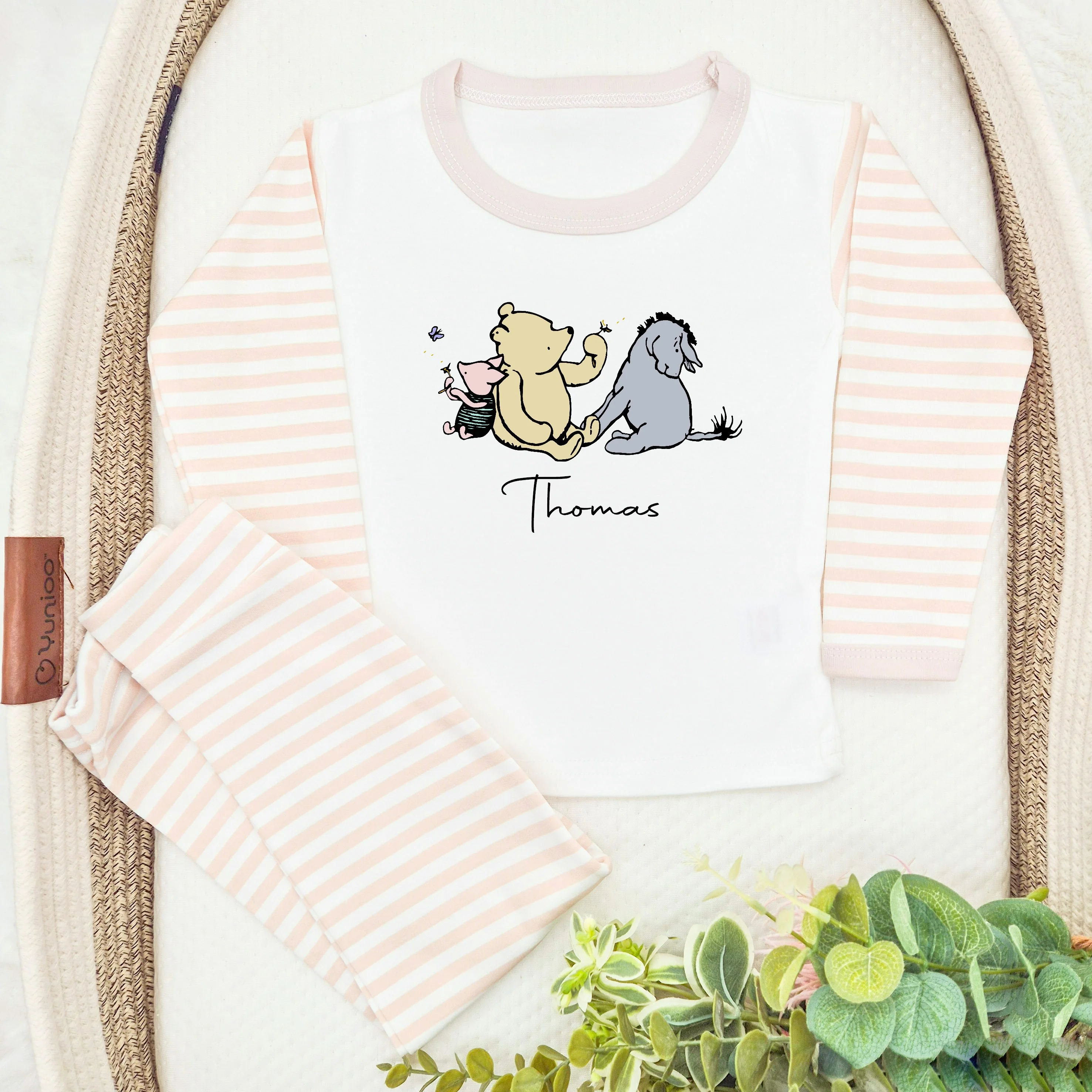 Personalised Pooh Bear Beige Stripe Pyjamas