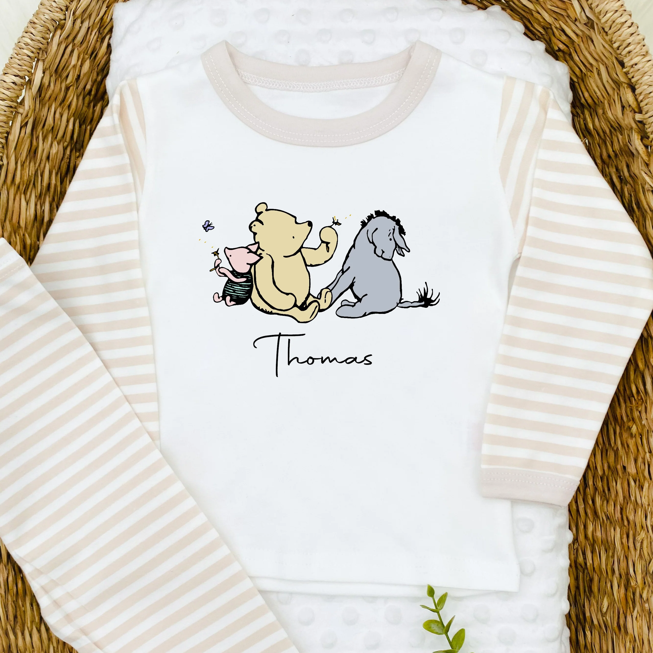 Personalised Pooh Bear Beige Stripe Pyjamas - Image 2
