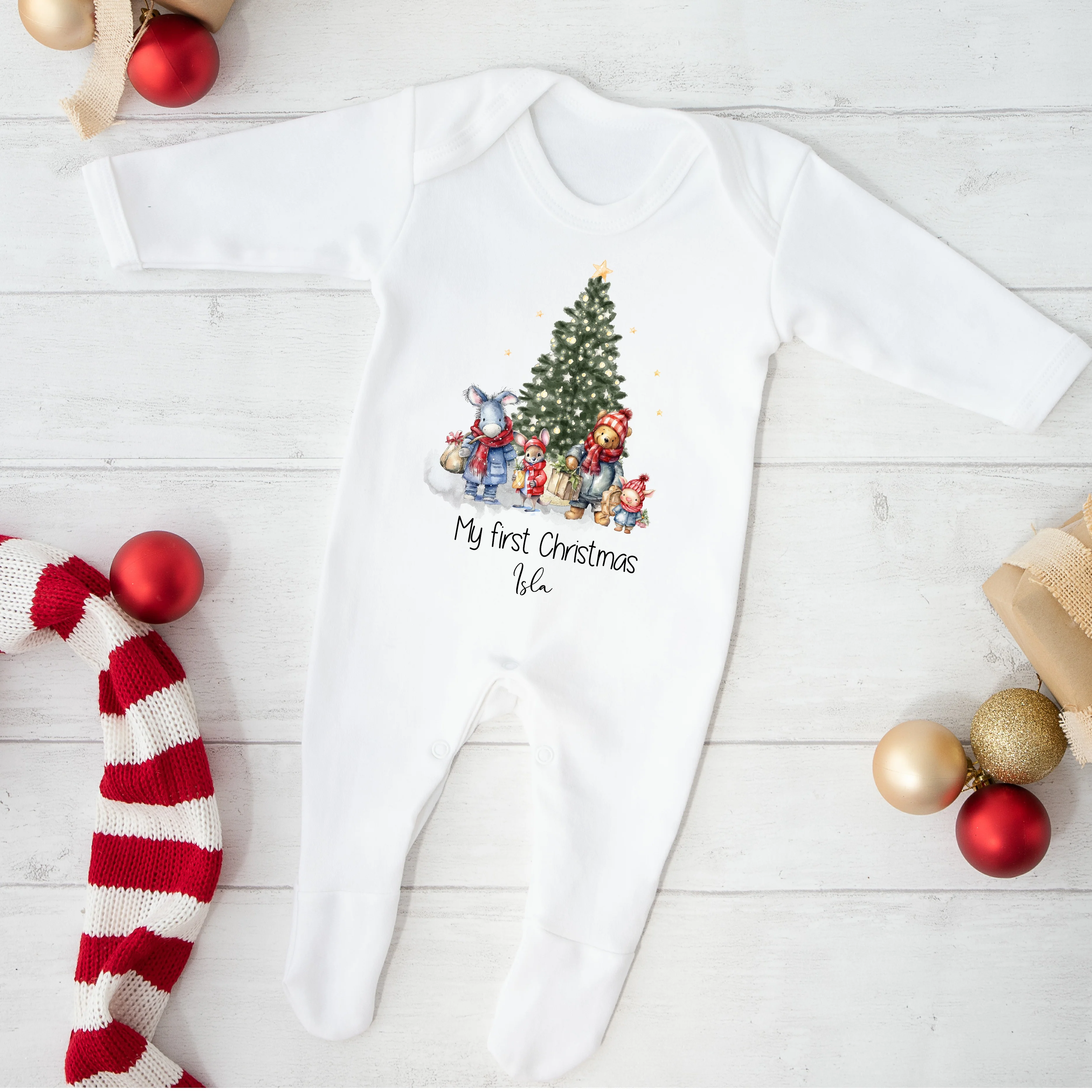 Personalised Pooh Bear Christmas Scene Baby Grow/Vest - Image 2