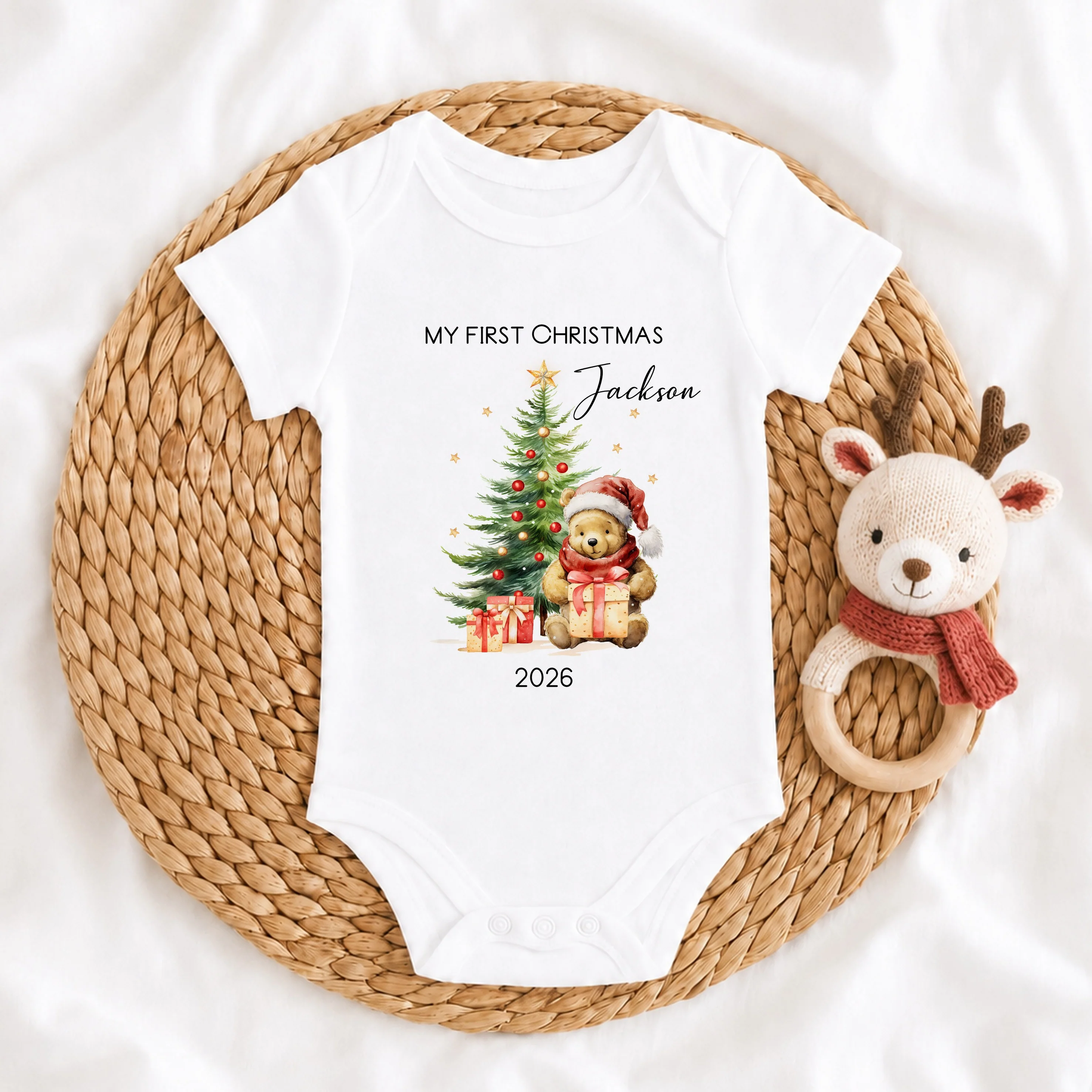 Personalised Pooh Bear My First Christmas Baby Grow, Vest or Bib - Image 2
