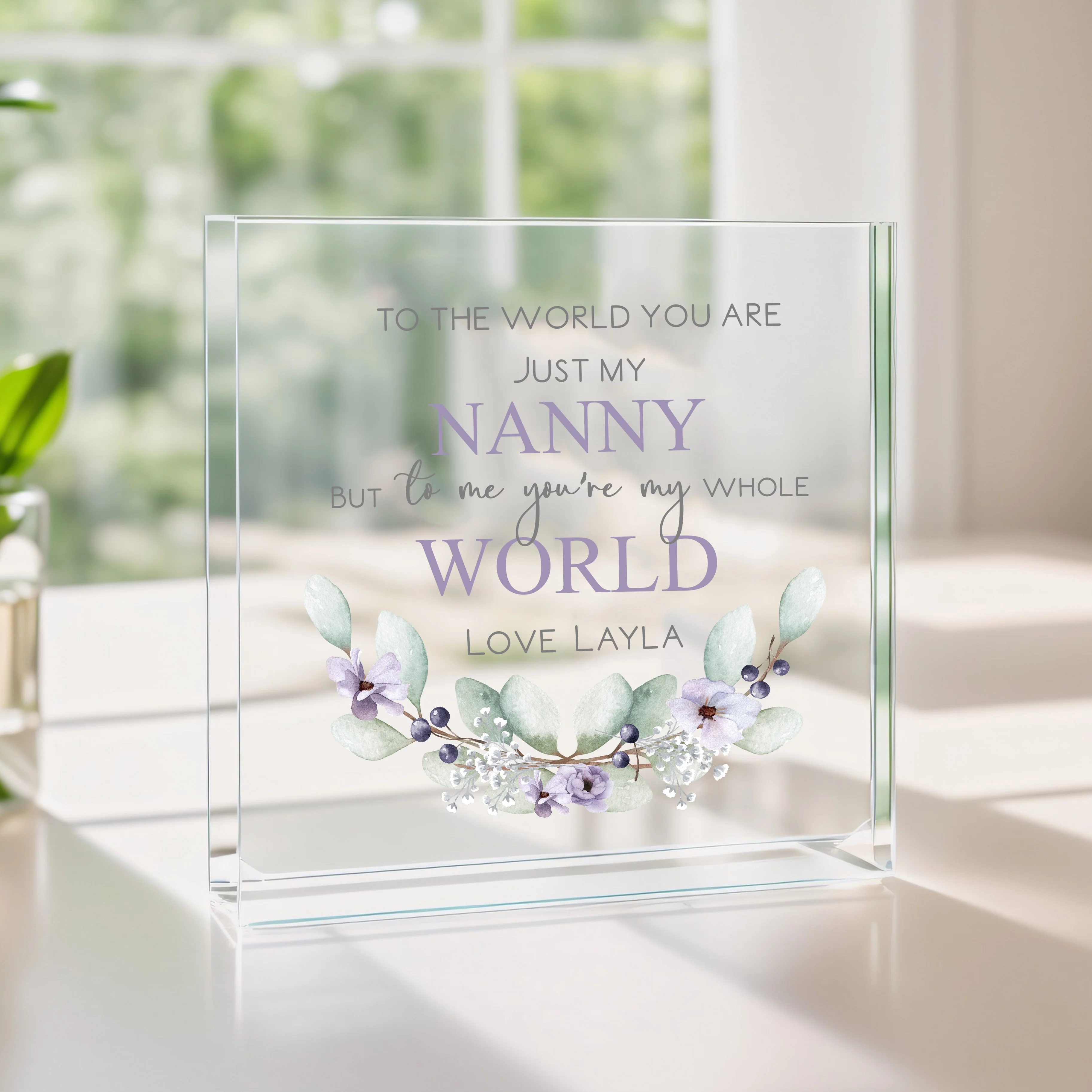 Personalised Purple Nanny You're My World Arylic Block - Image 2