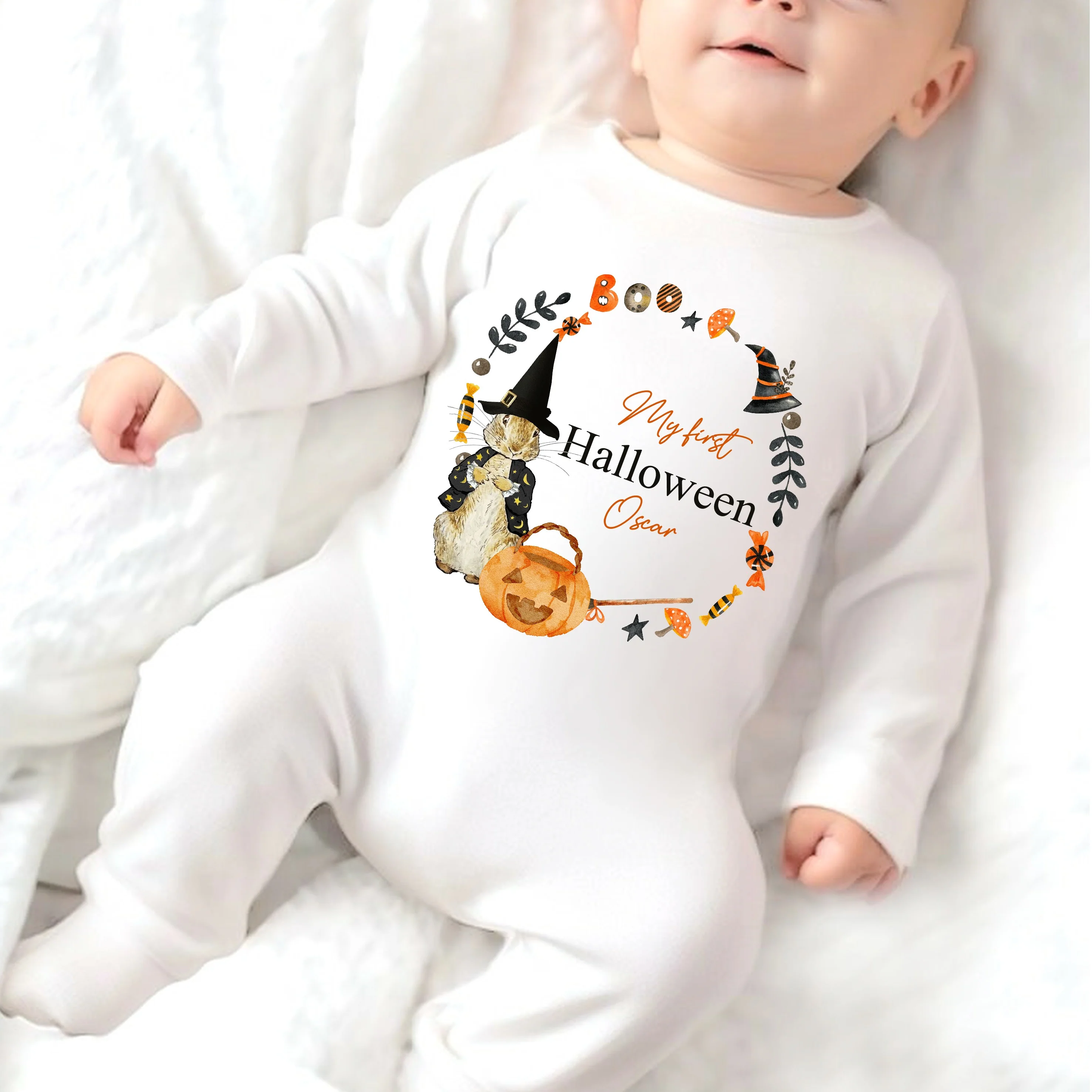 Personalised Rabbit Halloween Wreath Babygrow/Vest/Bib - Image 2