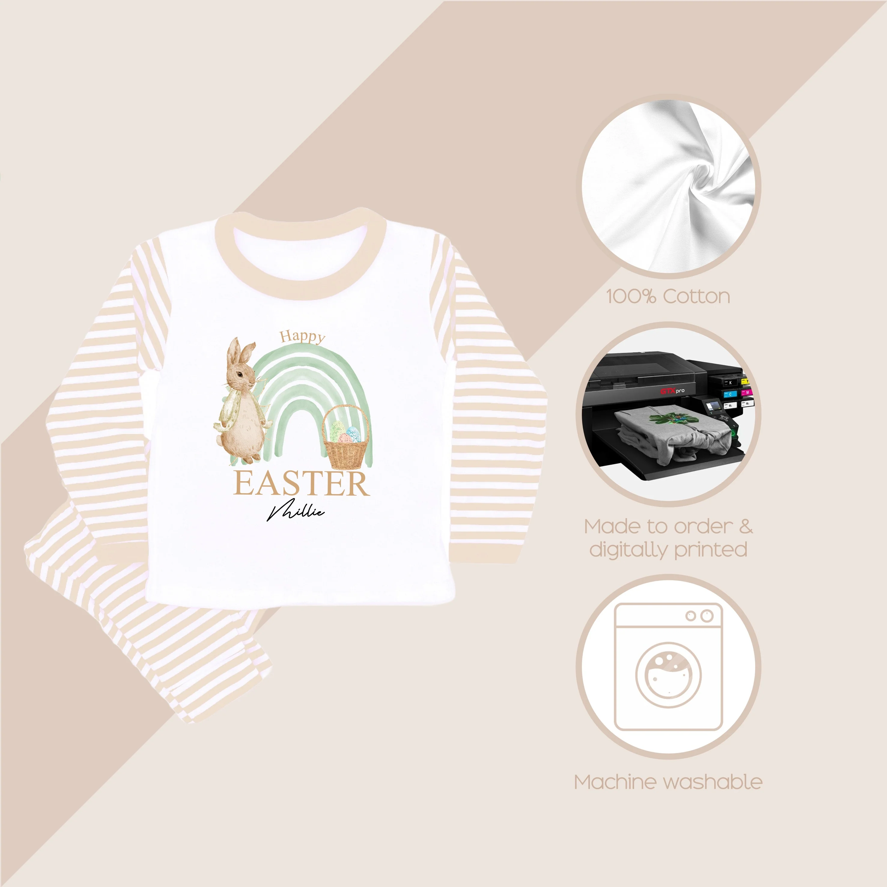 Personalised Rabbit Sage Rainbow Beige Stripe Easter Pyjamas - Image 4