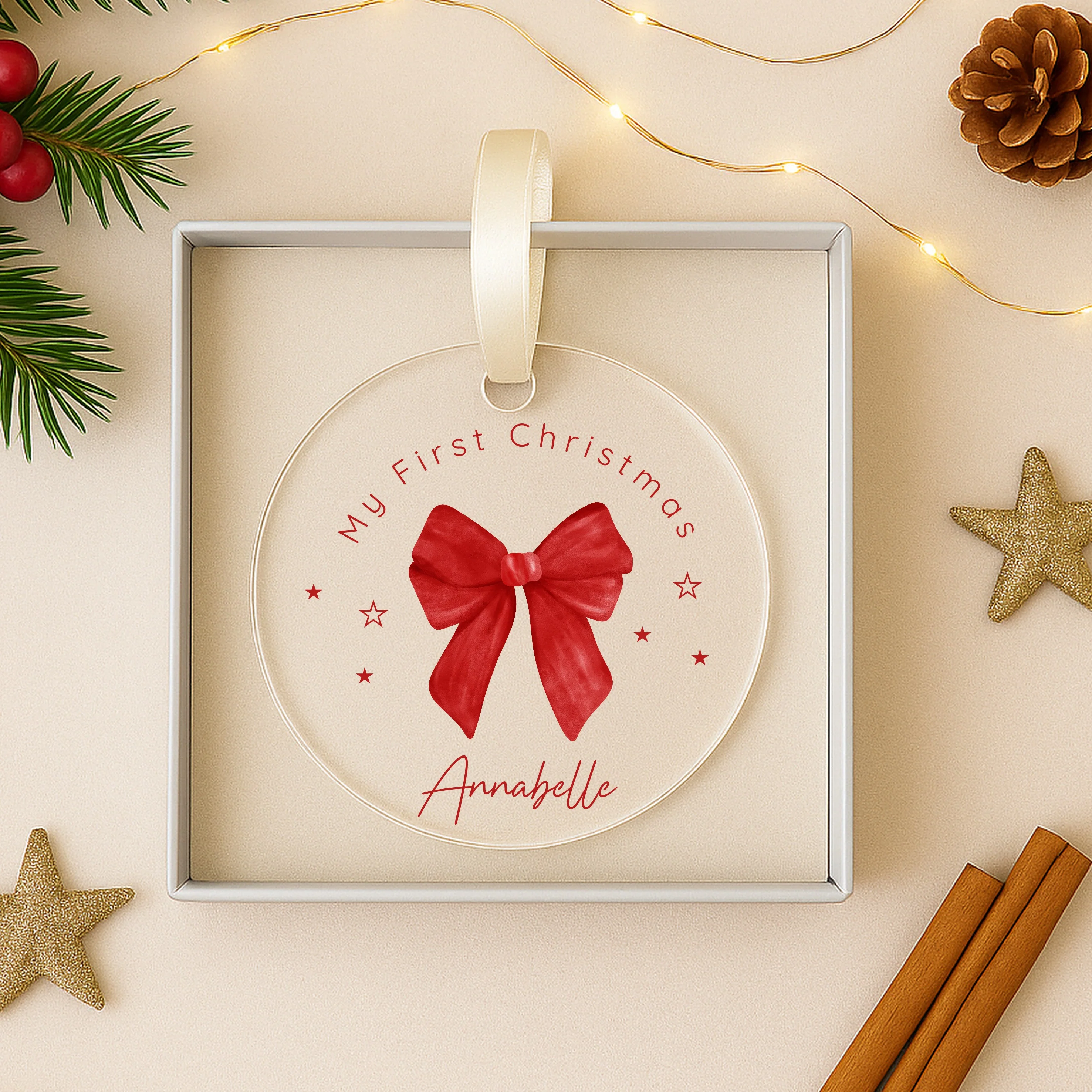 Personalised Red Bow Acrylic Christmas Bauble - Image 2
