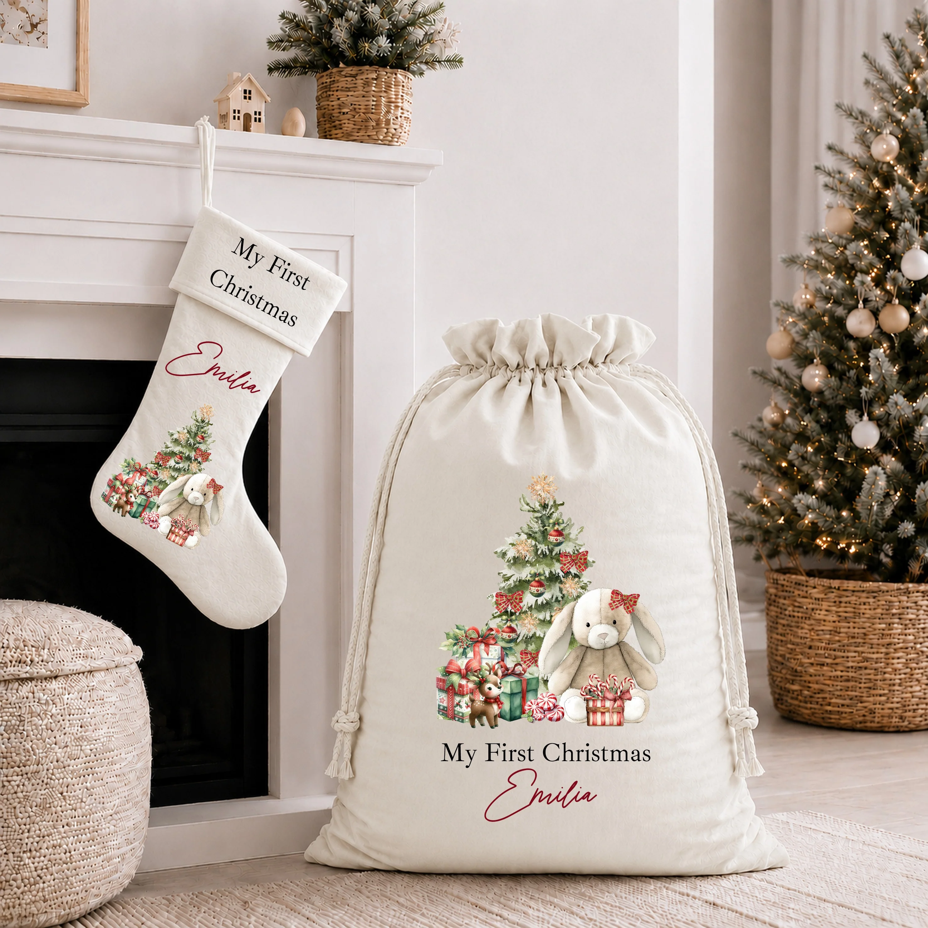 Personalised Red Bunny My First Christmas Stocking or Santa Sack - Image 4
