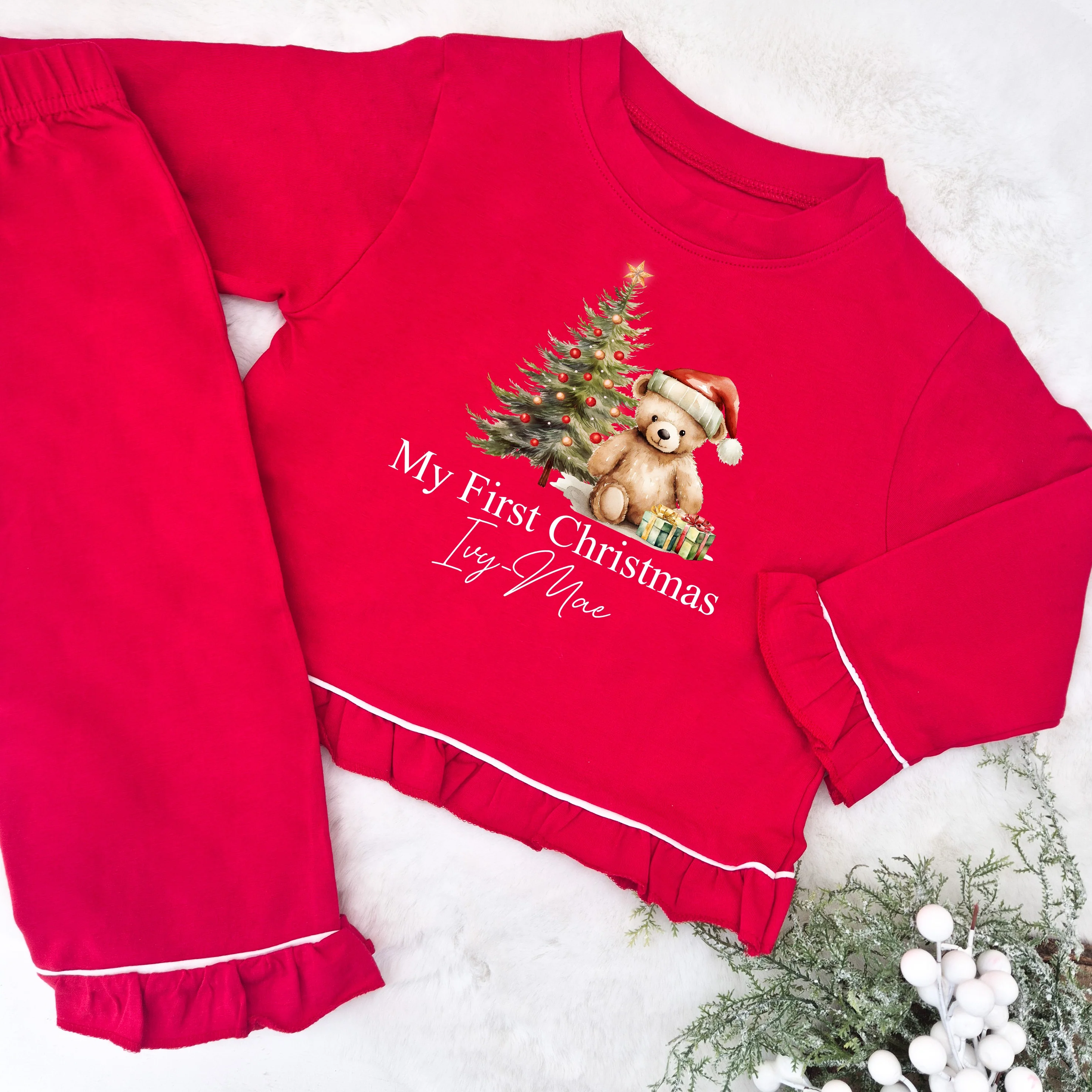 Personalised Red Frilly Teddy Bear Christmas Pyjamas - Image 2