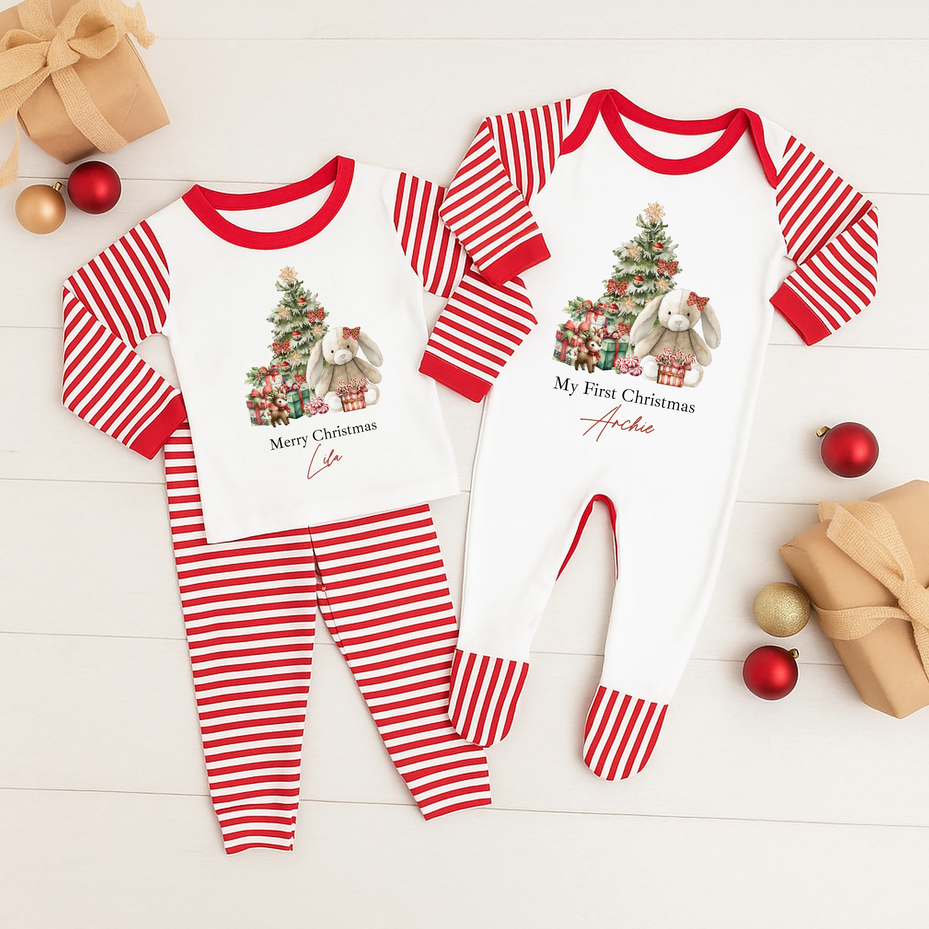 Personalised Red Rabbit Sibling Matching Red Stripe Christmas Babygrow/Pyjamas
