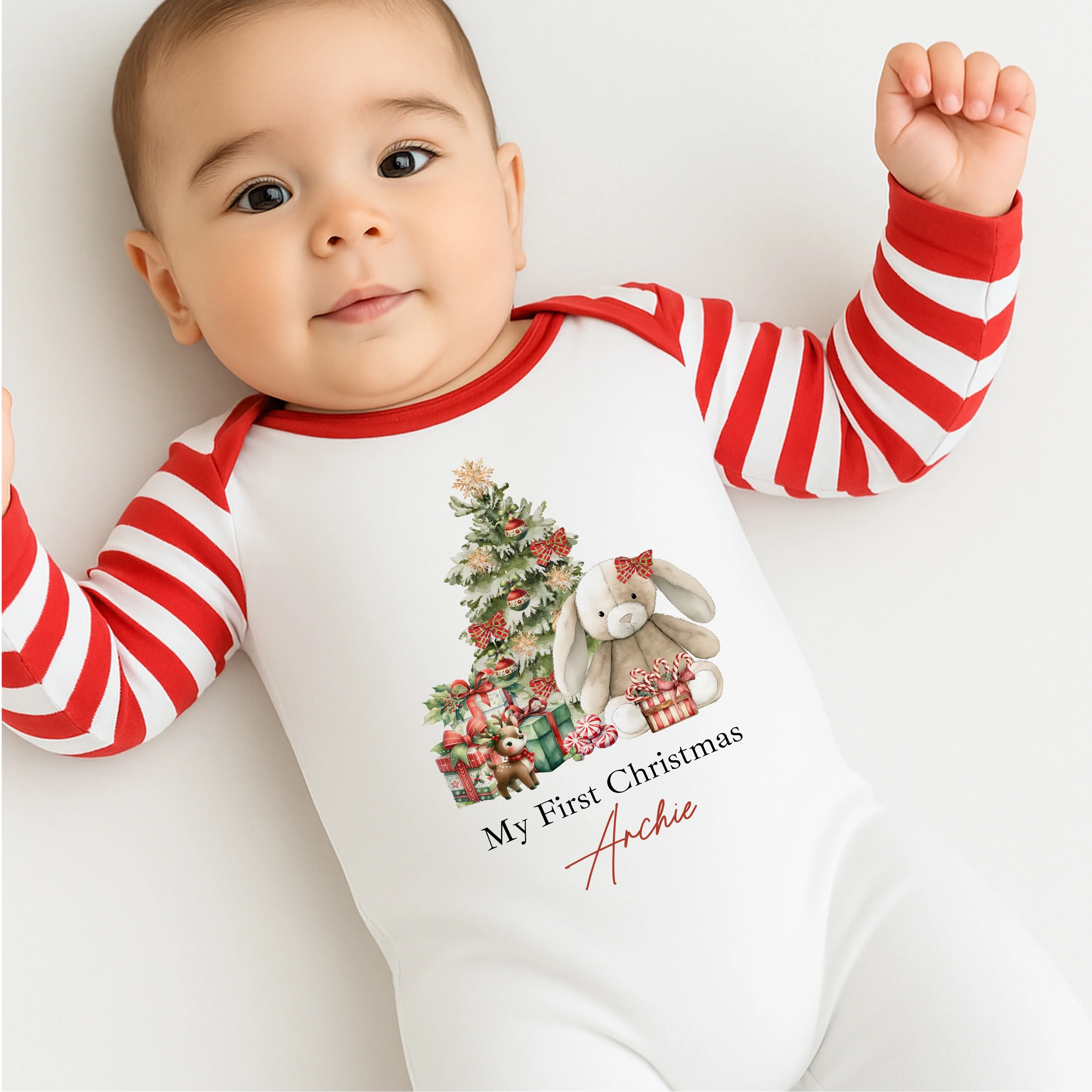 Personalised Red Rabbit Sibling Matching Red Stripe Christmas Babygrow/Pyjamas - Image 2