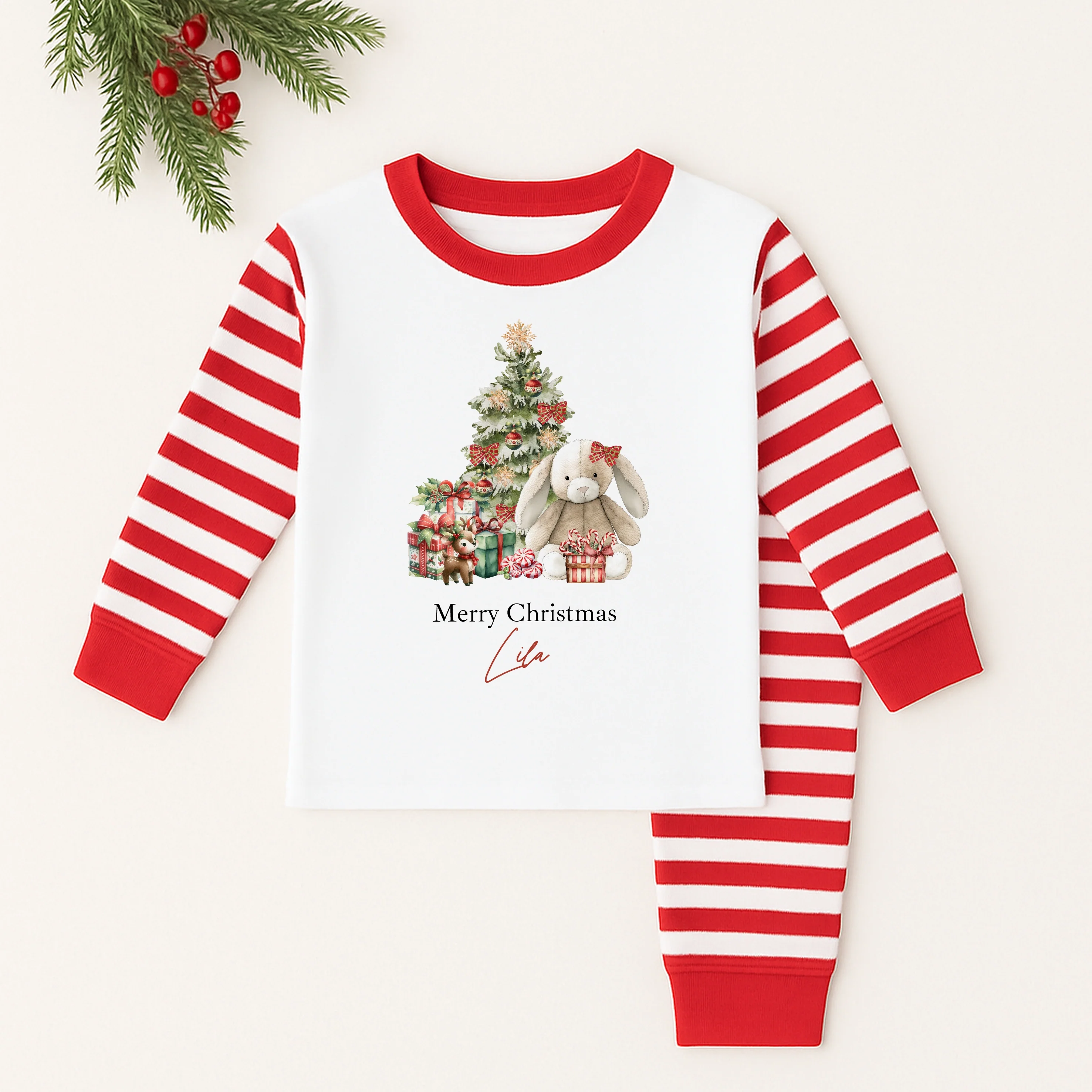 Personalised Red Rabbit Sibling Matching Red Stripe Christmas Babygrow/Pyjamas - Image 3