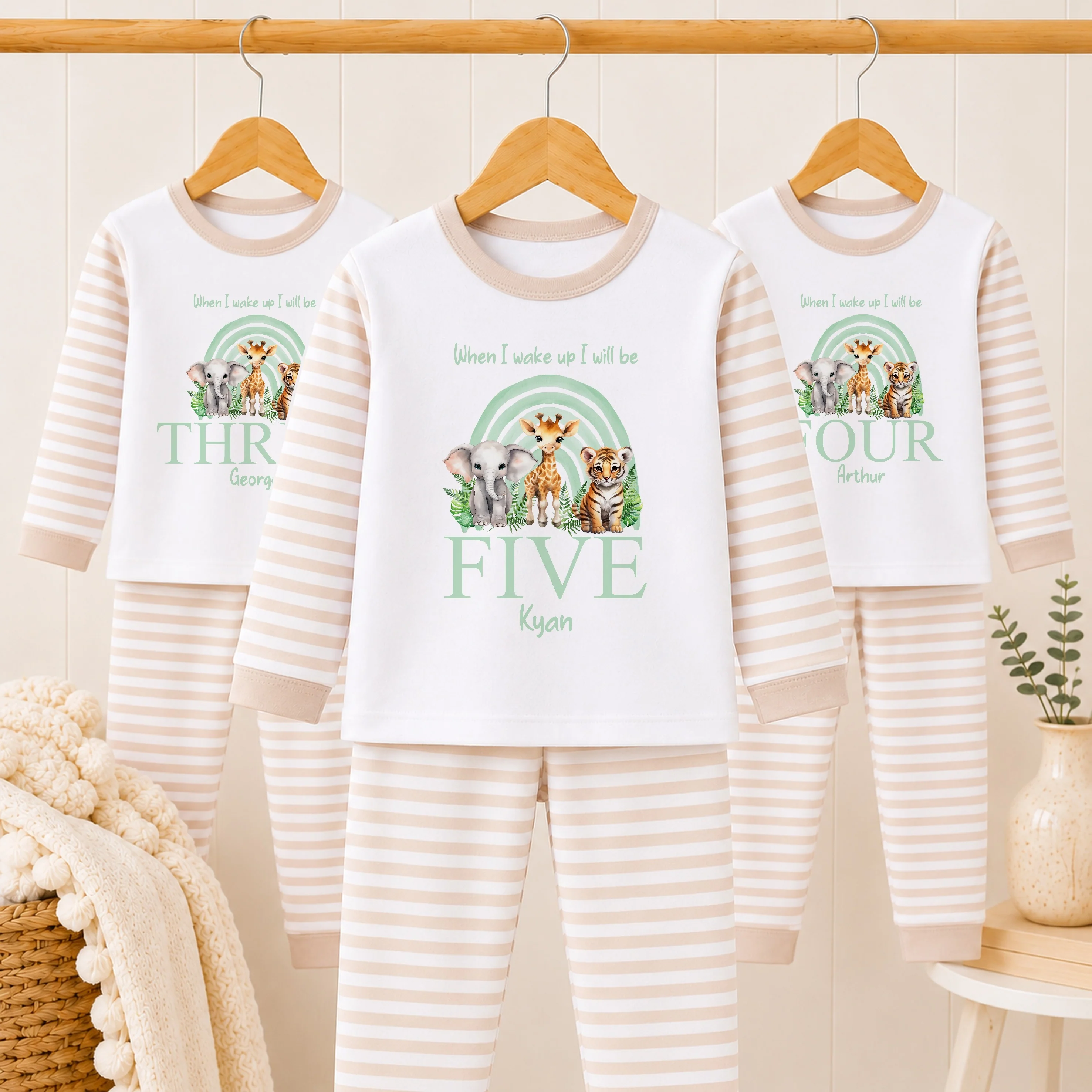 Personalised Sage Green Jungle Rainbow Any Age Birthday Pyjamas - Image 2