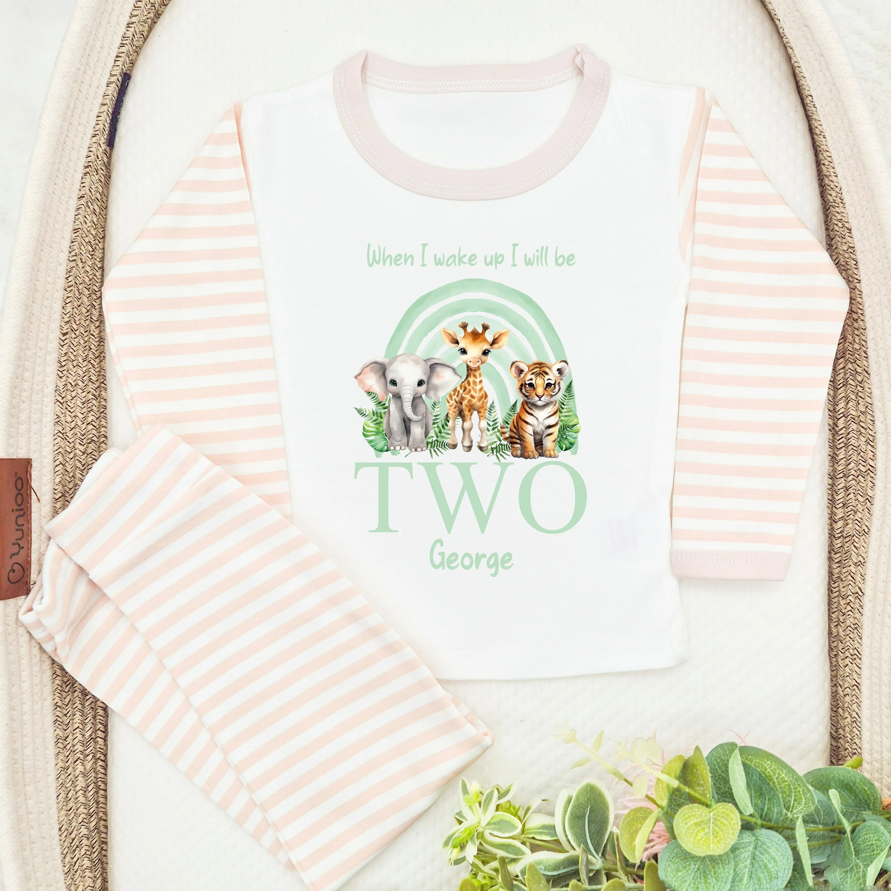 Personalised Sage Green Jungle Rainbow Any Age Birthday Pyjamas - Image 3