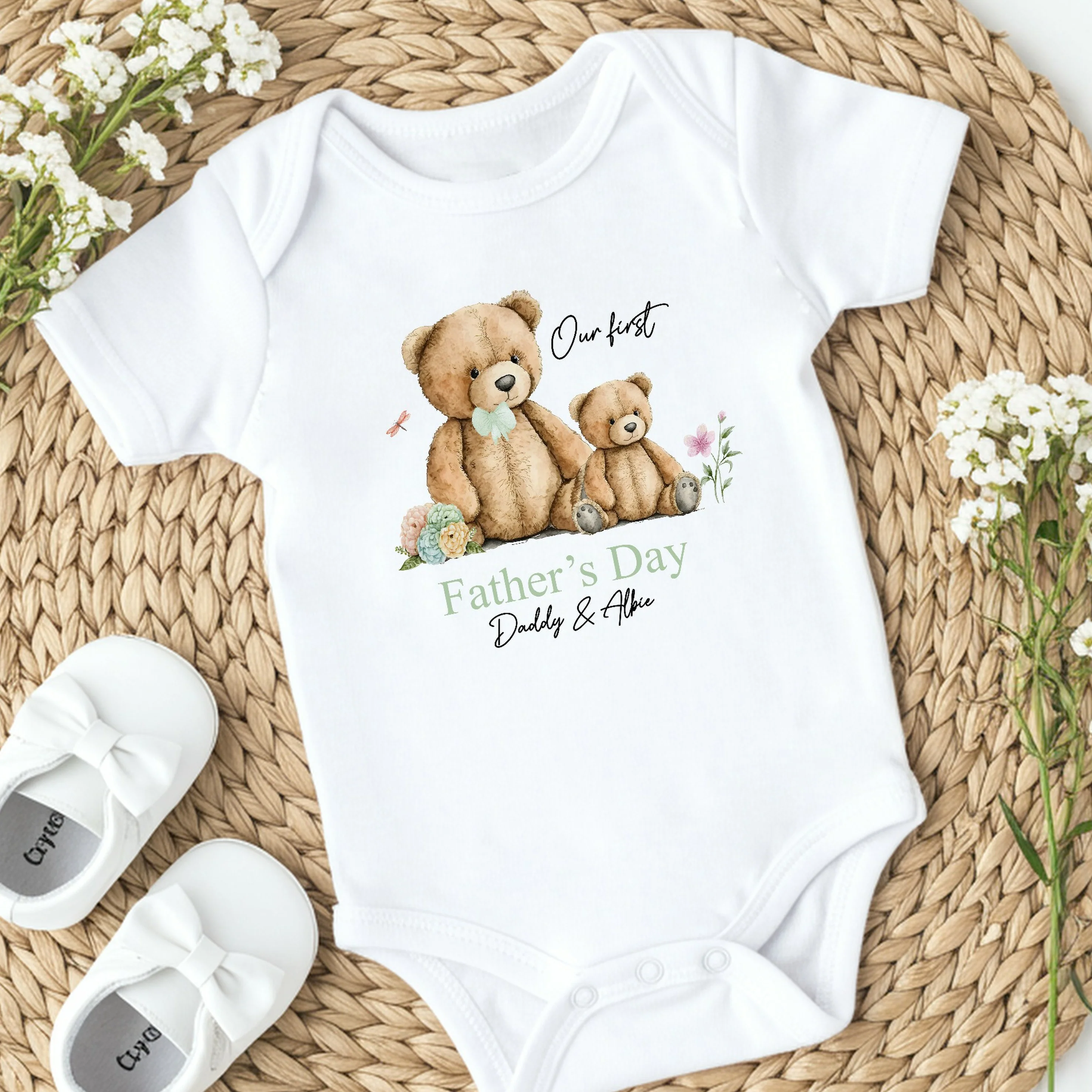 Personalised Sage Green Teddy Our First Father's Day Baby Grow or Vest - Image 3