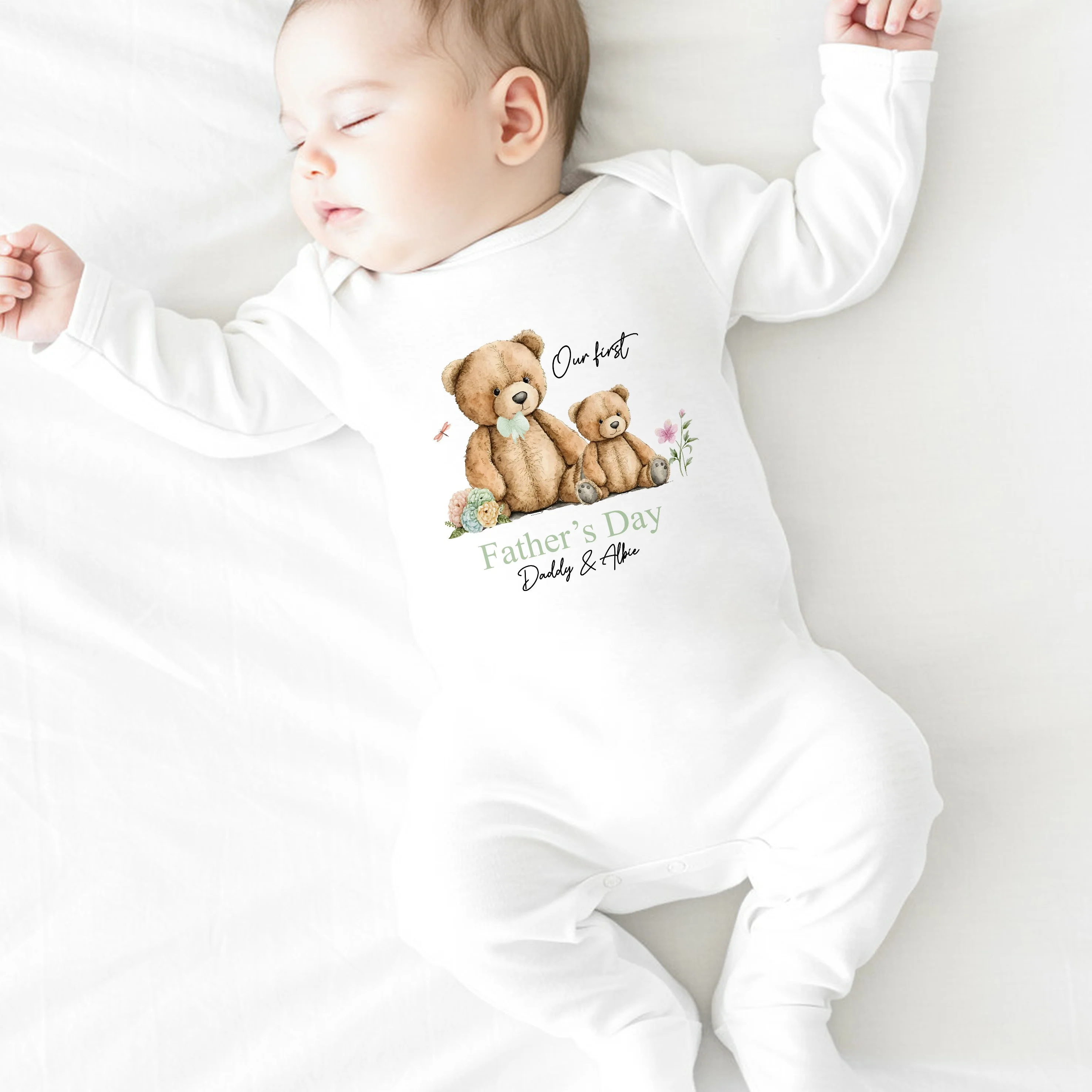 Personalised Sage Green Teddy Our First Father's Day Baby Grow or Vest - Image 4