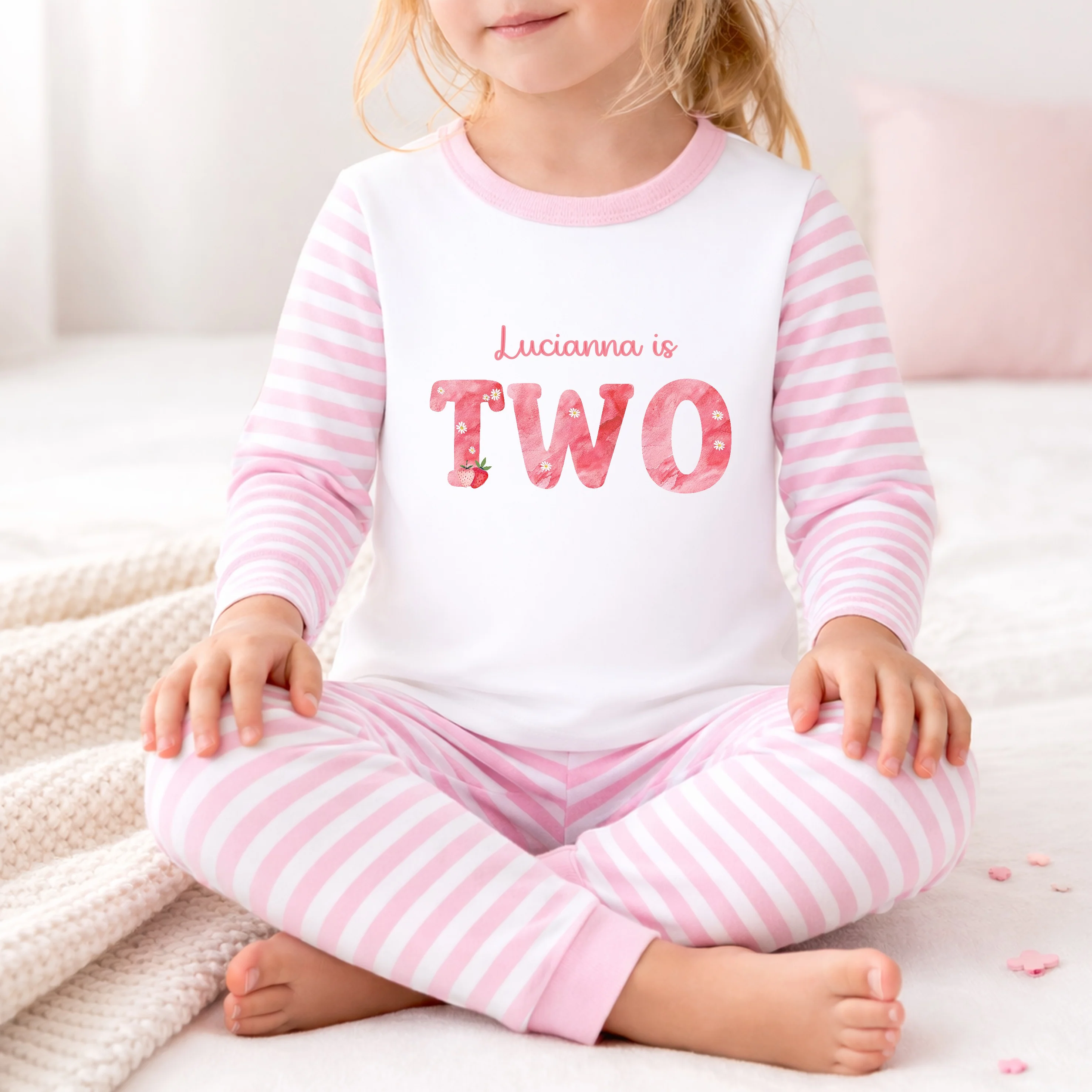 Personalised Strawberries Pink Stripe Second Birthday Pyjamas - Image 2