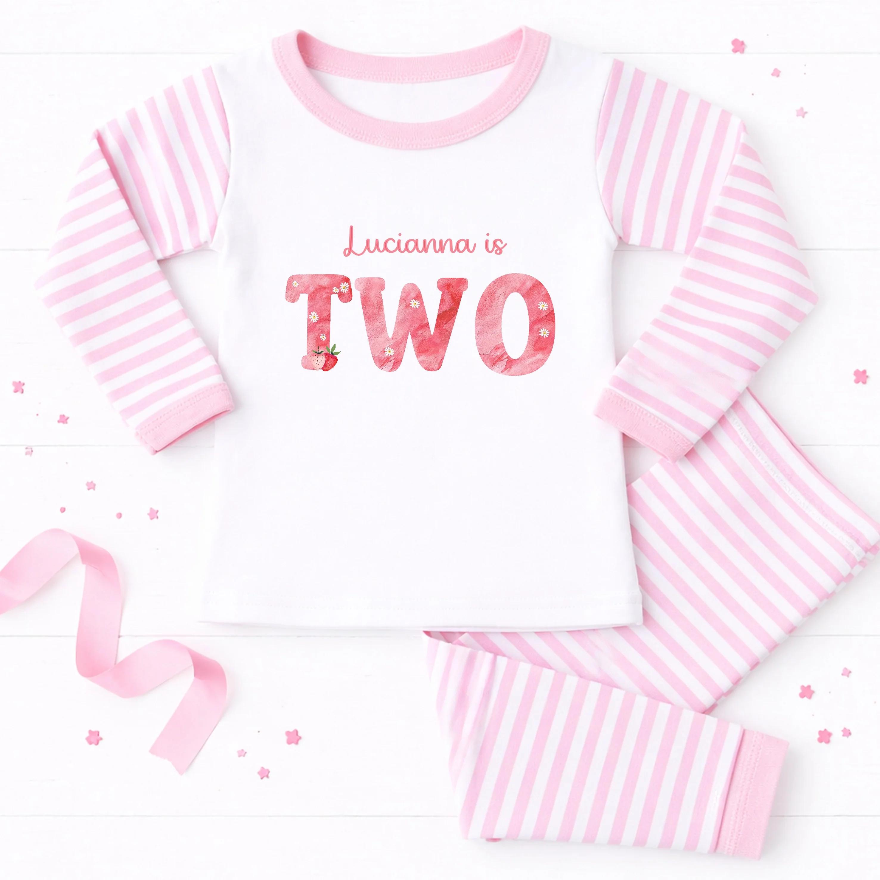 Personalised Strawberries Pink Stripe Second Birthday Pyjamas - Image 3