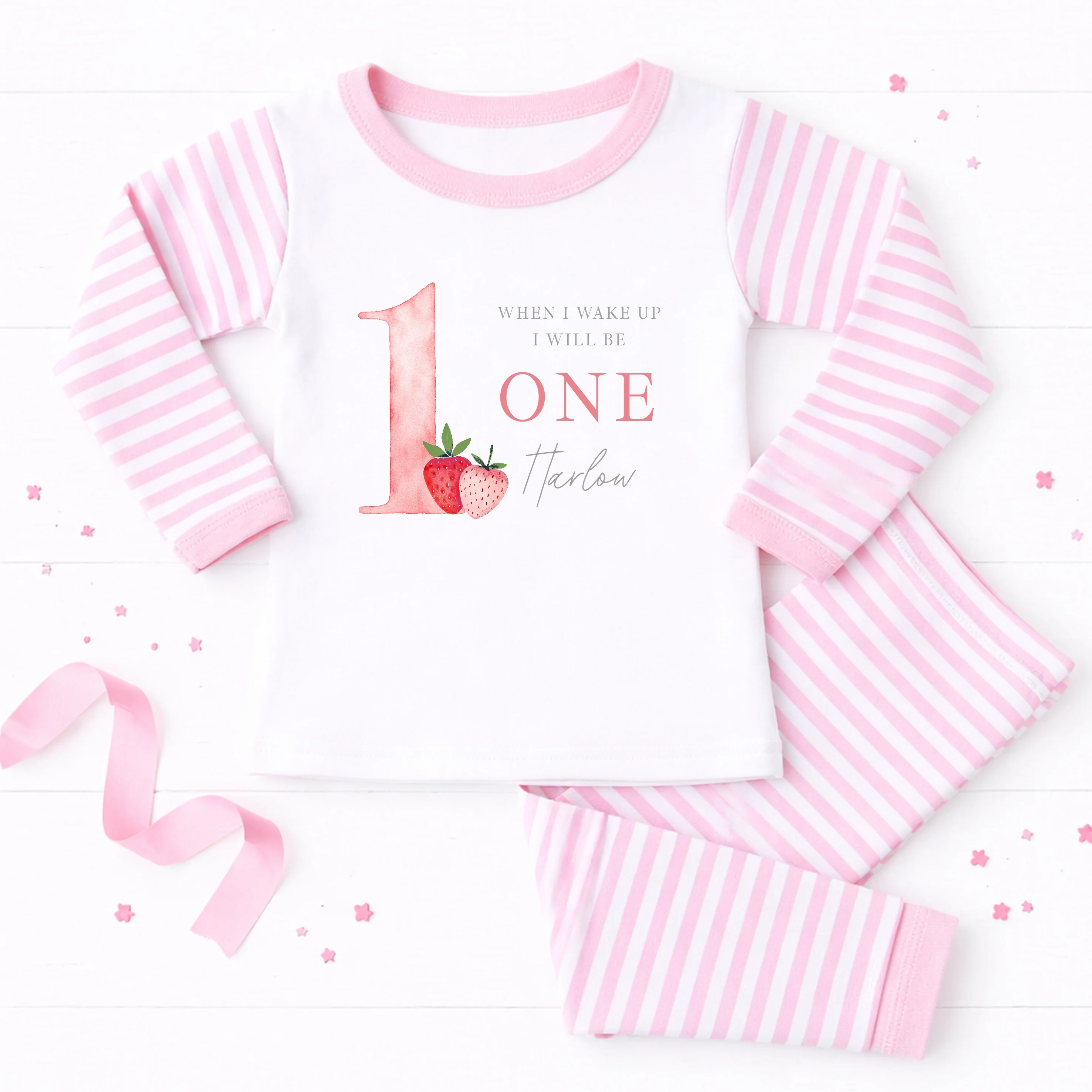 Personalised Strawberries When I Wake Up I Will Be One First Birthday Pyjamas - Image 4