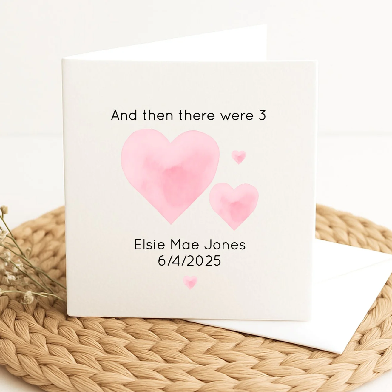 Personalised Then There Were 3 Pink Hearts Baby Shower Card