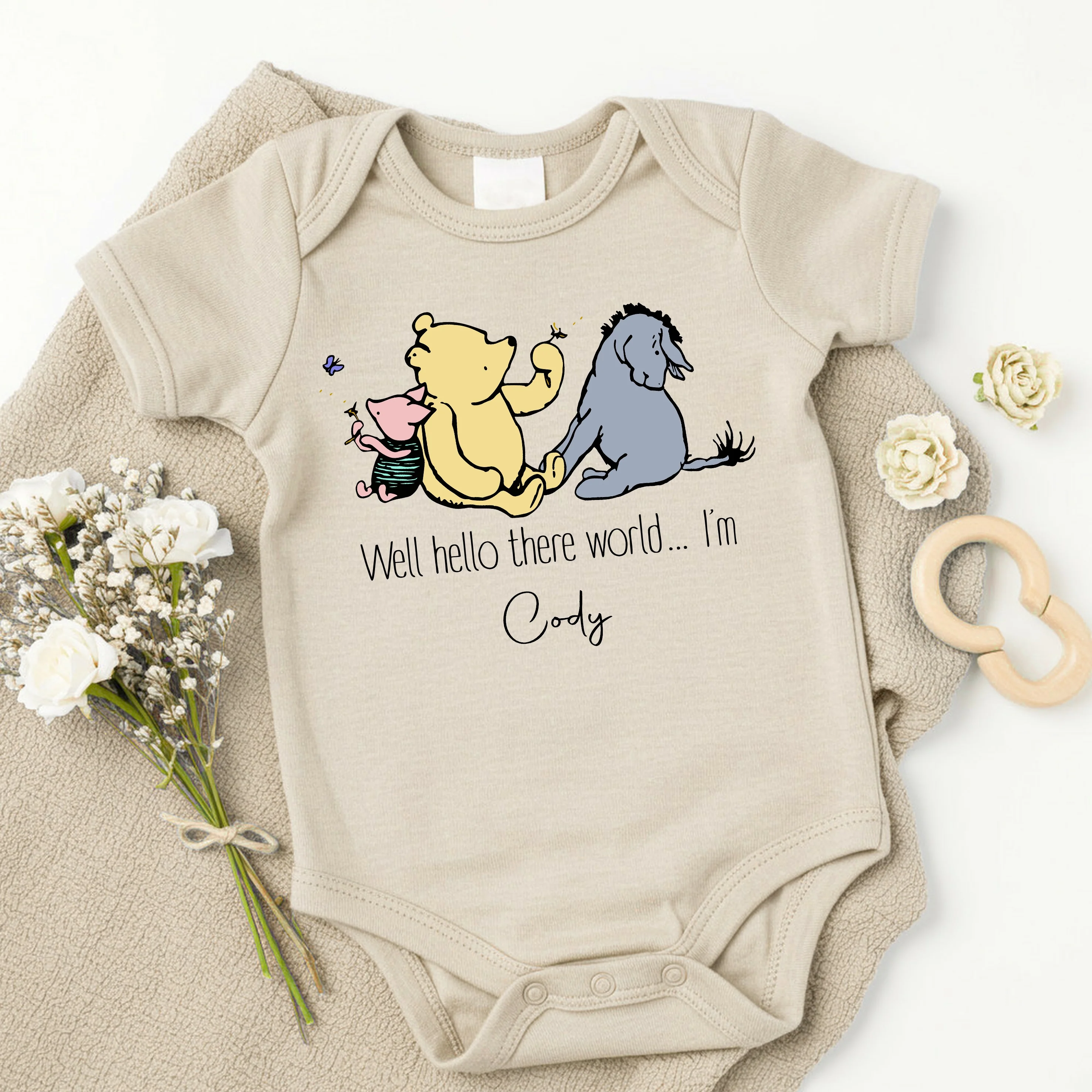 Personalised Well Hello World Pooh Bear Beige Babygrow/Vest - Image 2
