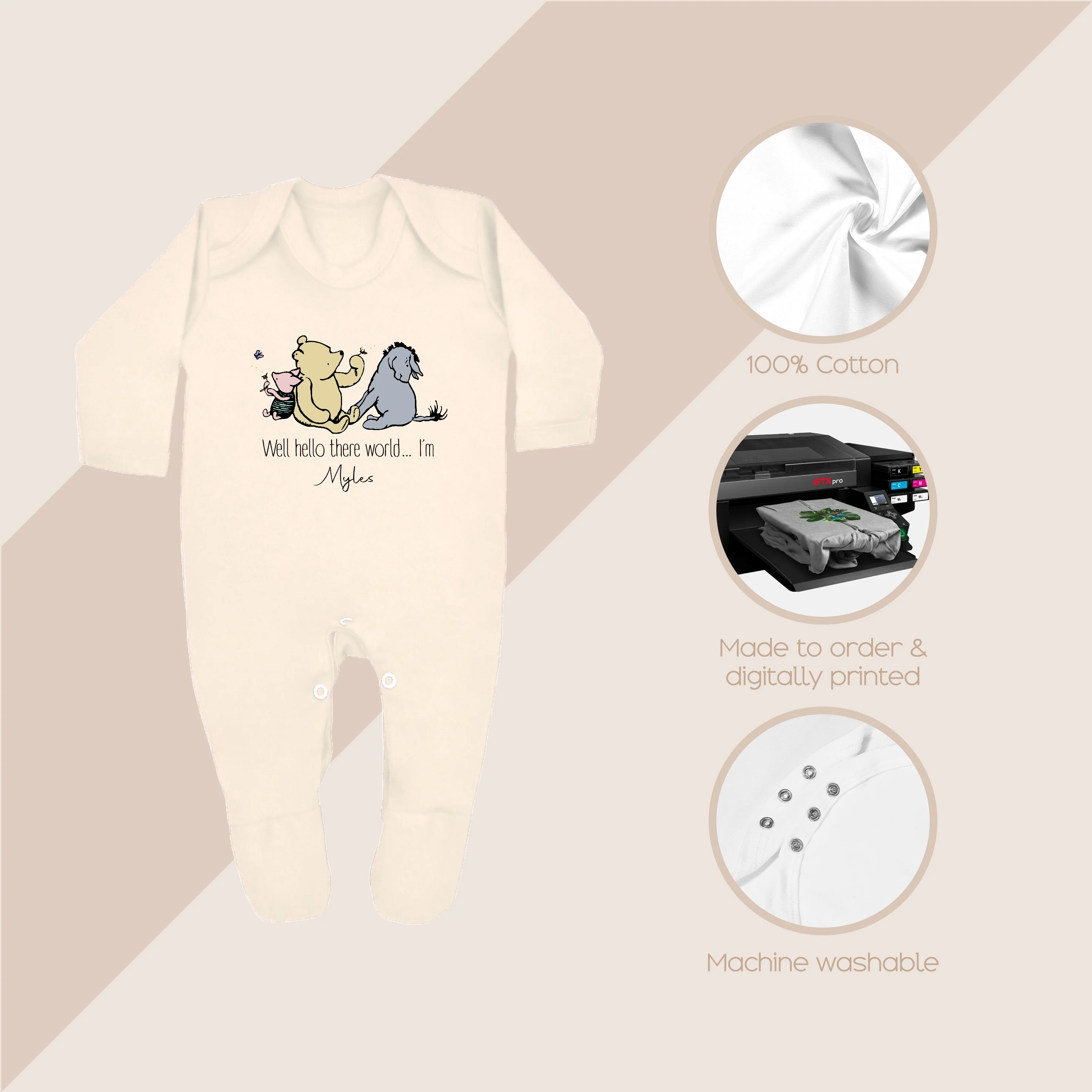 Personalised Well Hello World Pooh Bear Beige Babygrow/Vest - Image 3